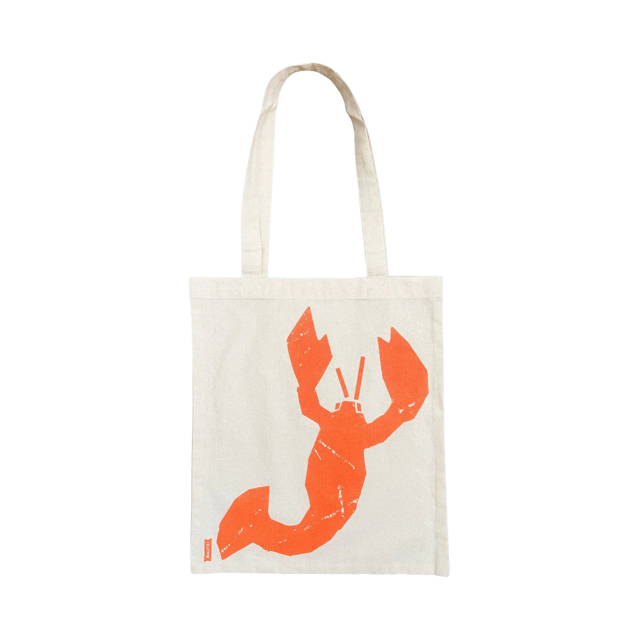Lobster Catch Tote Bag by Kautzi Illustrations with a bright orange lobster screen-printed on natural cotton.