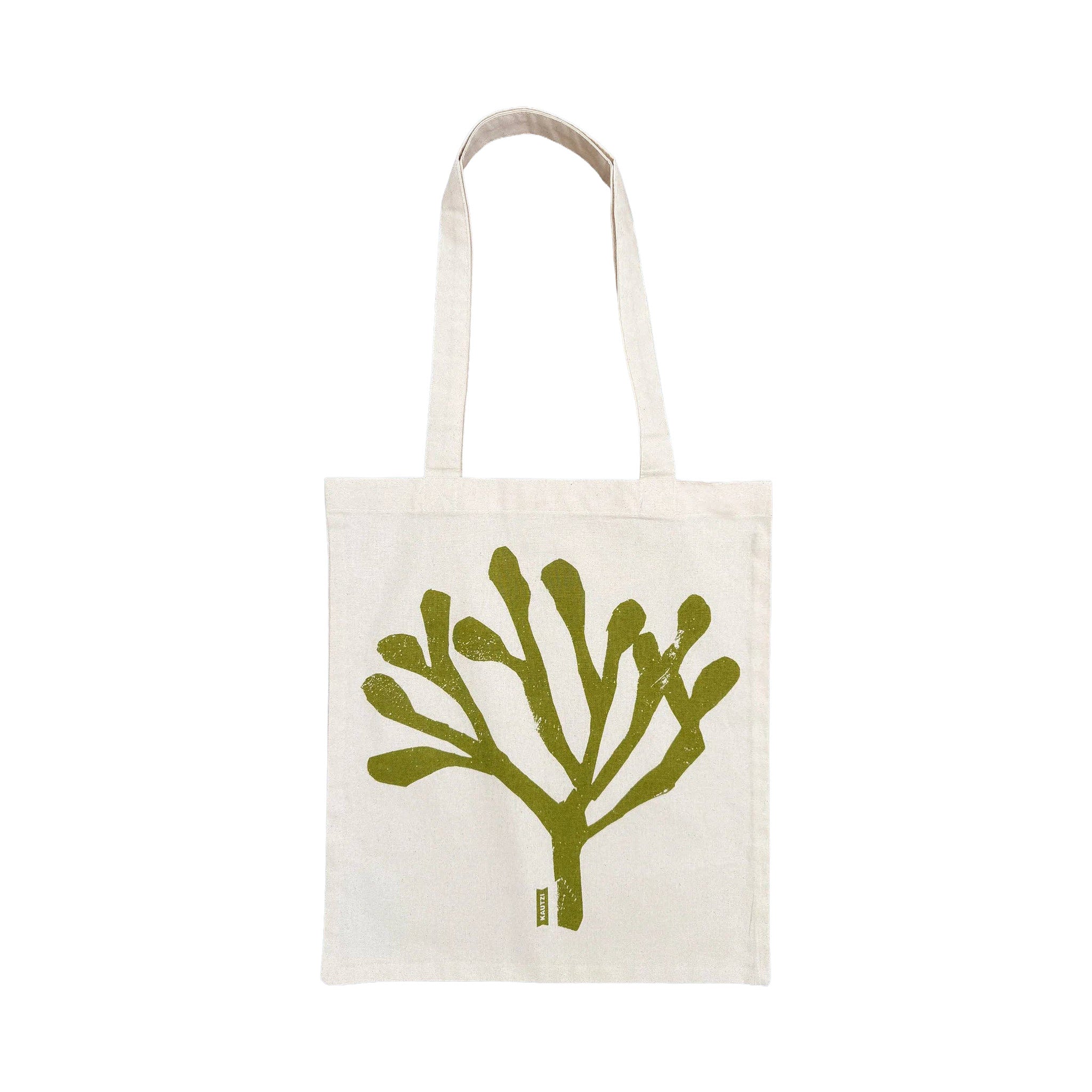 Rockweed Tote Bag by Kautzi Illustrations with an olive green rockweed motif screen-printed on natural cotton.