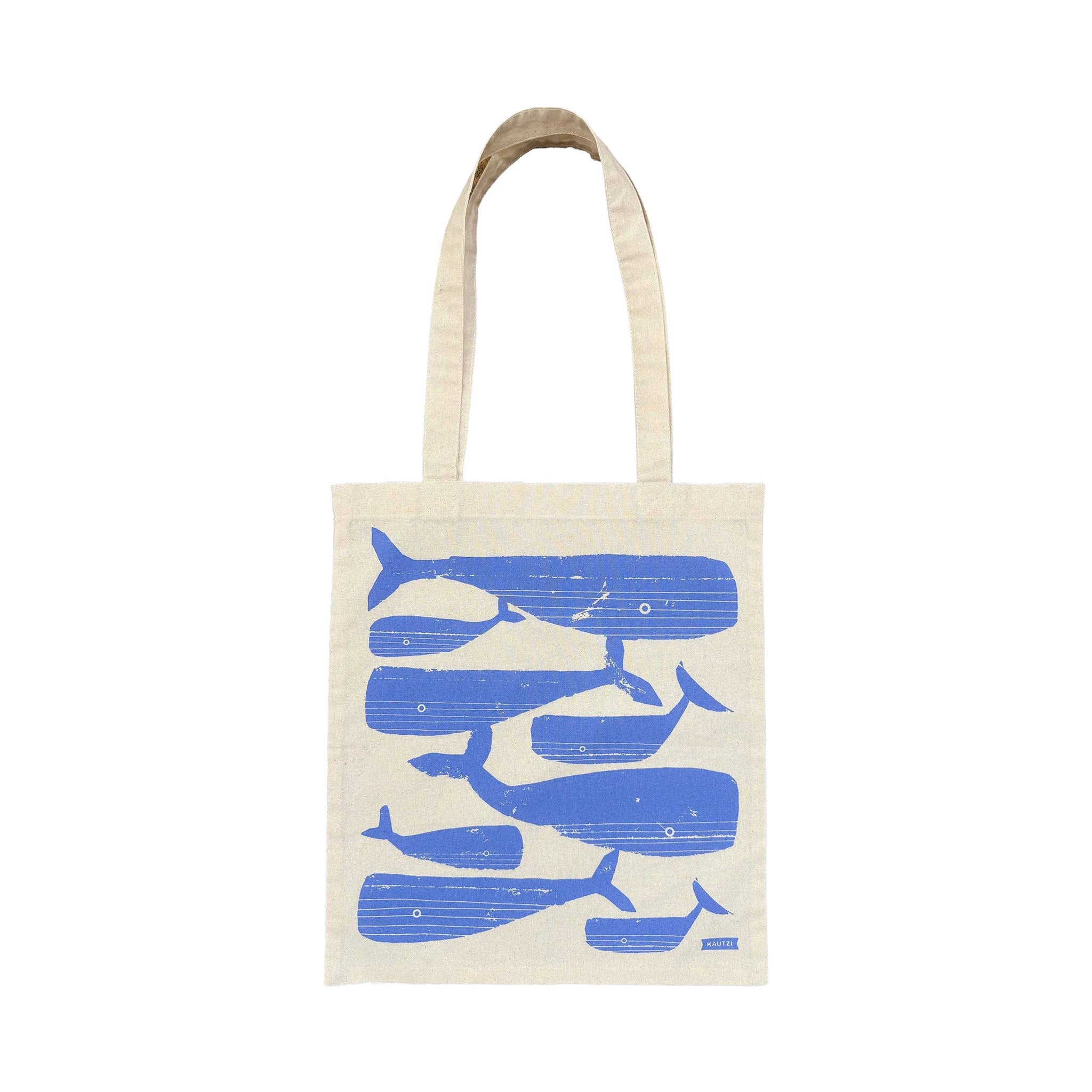 Whale Pod Tote Bag by Kautzi Illustrations with periwinkle blue whales screen-printed on natural cotton.