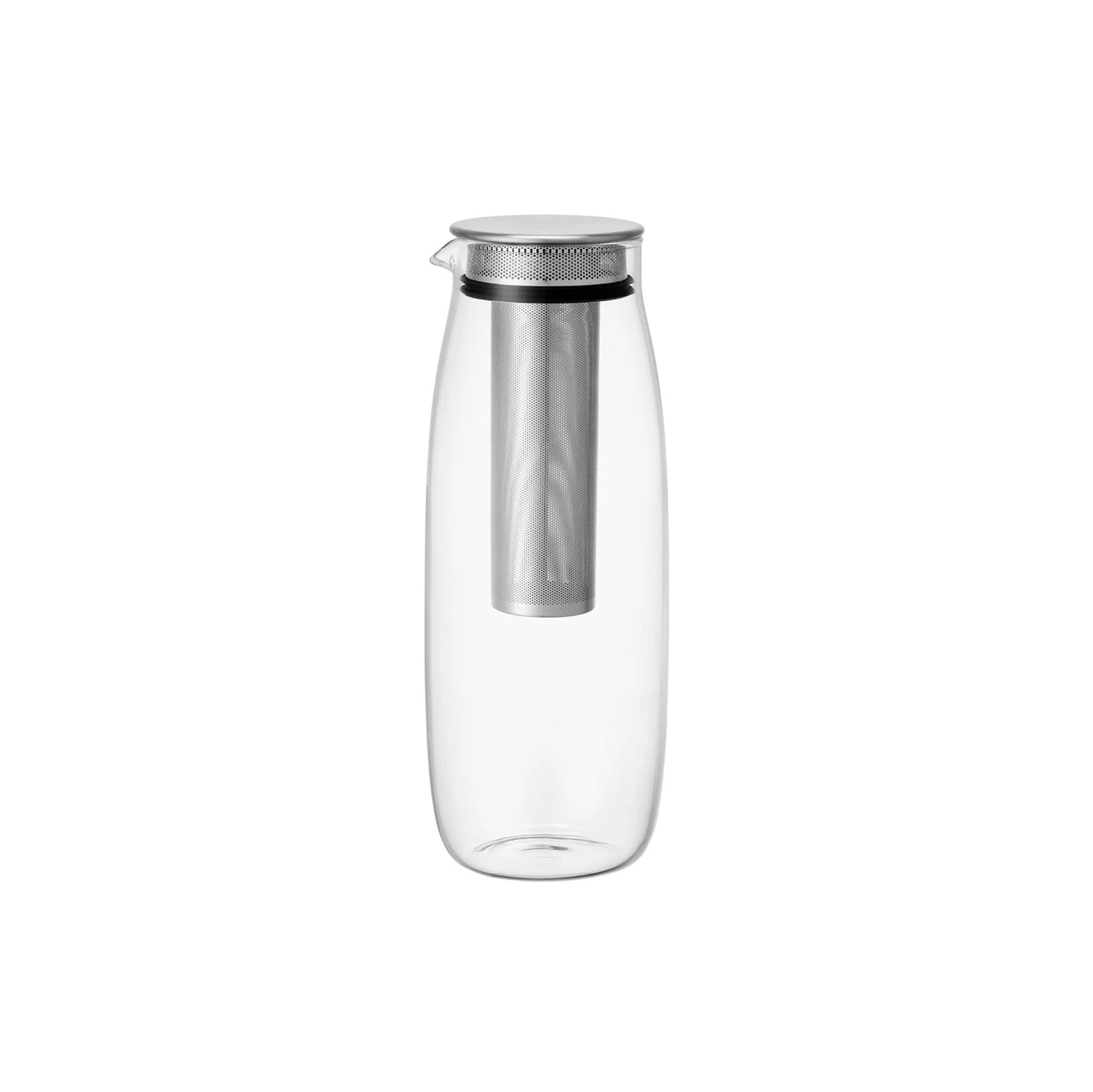 Kinto Unitea Cold Brew Carafe, 1100 ml clear glass carafe with mesh filter. Designed for cold brew tea, coffee, or fruit-infused water.