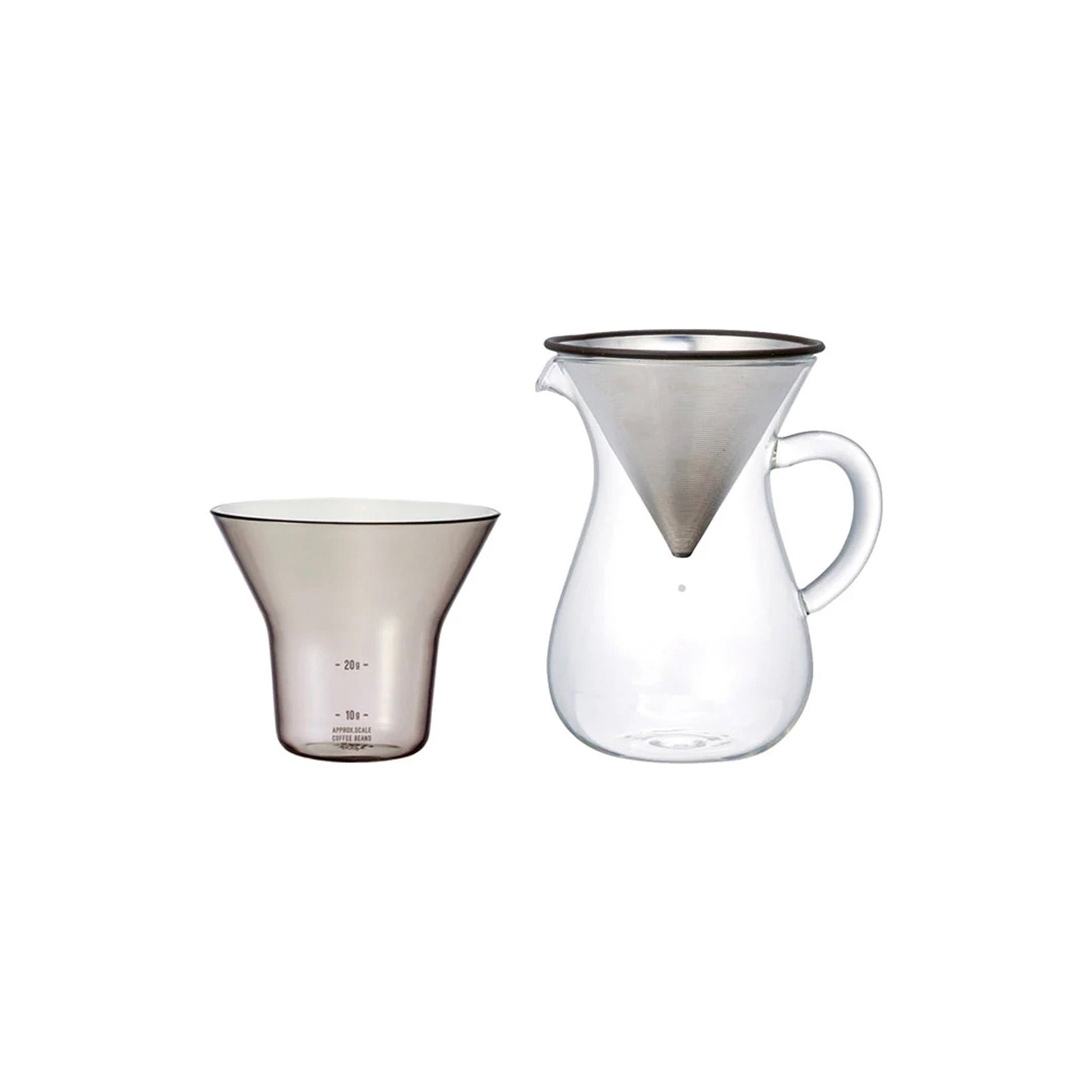 Kinto Slow Coffee Style SCS Coffee Carafe Set with clear glass carafe, stainless steel reusable filter and resin holder, available in 2 Cup and 4 Cup sizes.