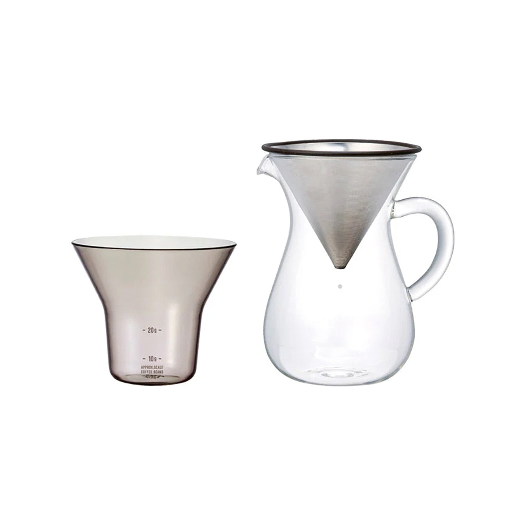 Kinto Slow Coffee Style SCS Coffee Carafe Set with clear glass carafe, stainless steel reusable filter and resin holder, available in 2 Cup and 4 Cup sizes.