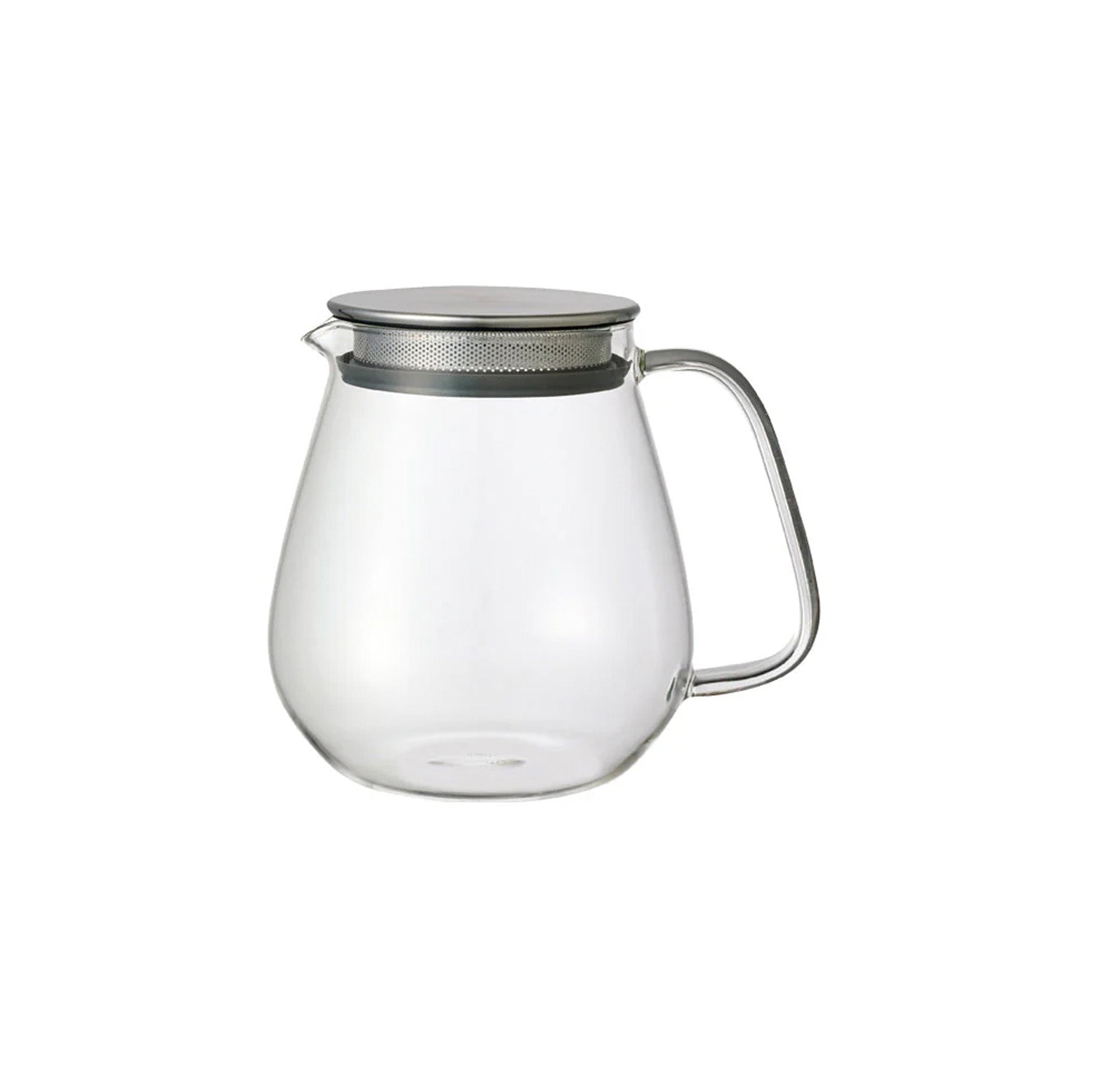 Kinto Unitea One Touch Teapot in clear glass with stainless steel strainer lid. Minimal Japanese teapot for loose leaf brewing.