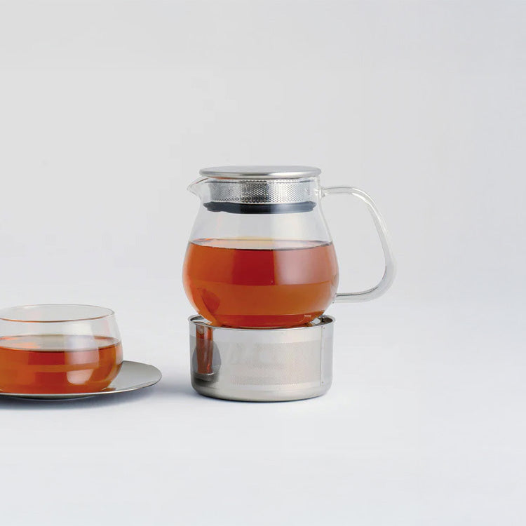 Kinto Unitea Teapot and Warmer Set in heat-resistant glass with stainless steel details. Japanese design for brewing and keeping tea hot with a tea light.