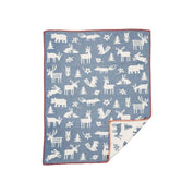 Klippan Forest Baby Blanket in blue cotton with playful woodland animals and contrasting stitched edges.