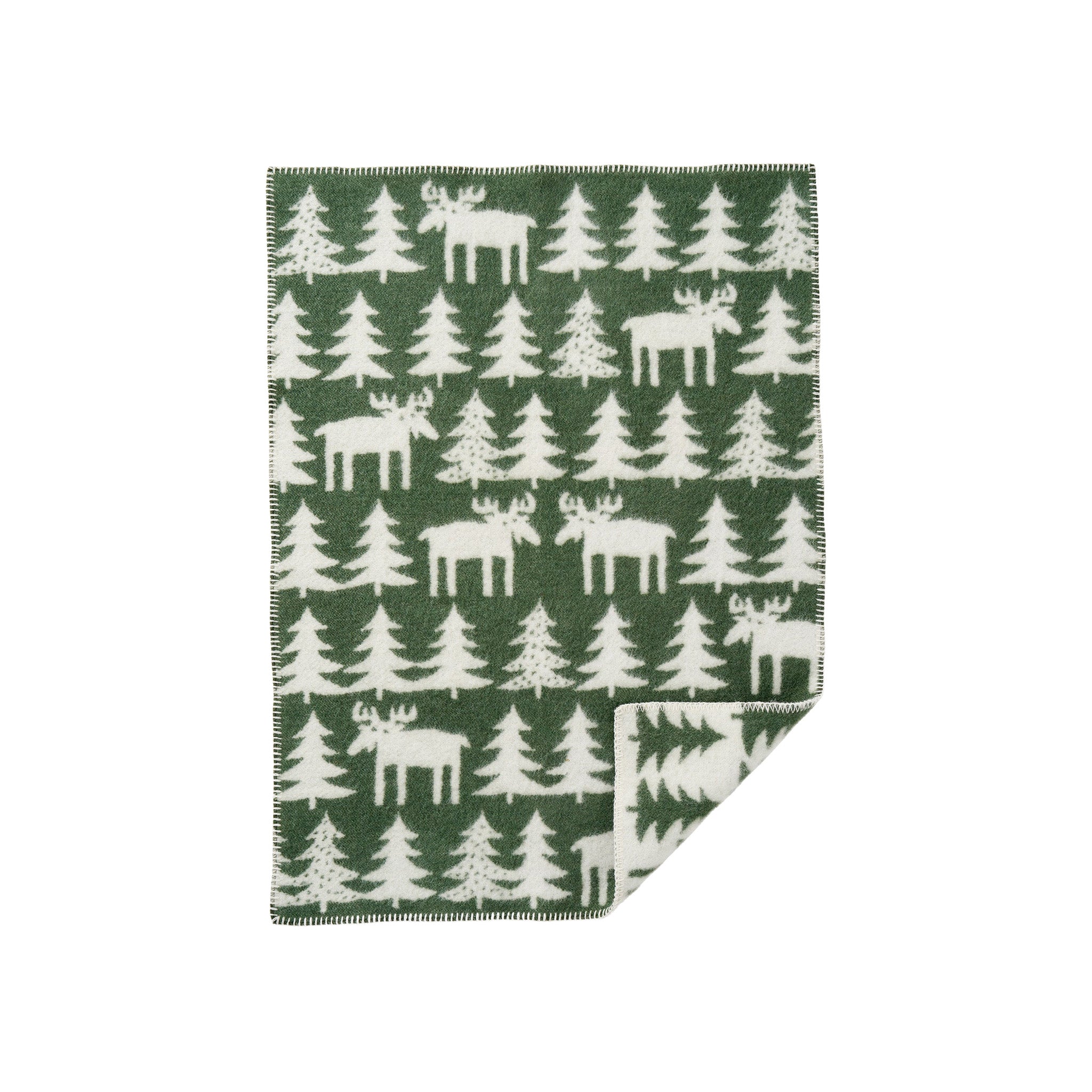 Klippan Moose Walk Baby Blanket in green and cream lambswool with a repeating moose and pine tree pattern.