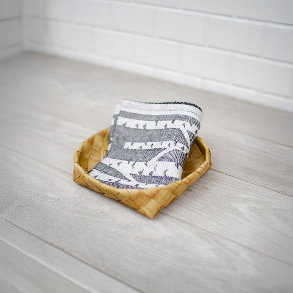Lapuan Kankurit Koivu Linen Towel featuring a Finnish birch tree pattern in a cotton-linen blend, absorbent, durable, and made in Finland.