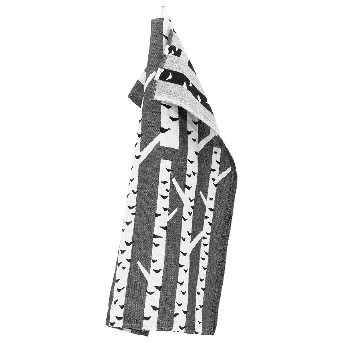 Lapuan Kankurit Koivu Linen Towel featuring a Finnish birch tree pattern in a cotton-linen blend, absorbent, durable, and made in Finland.