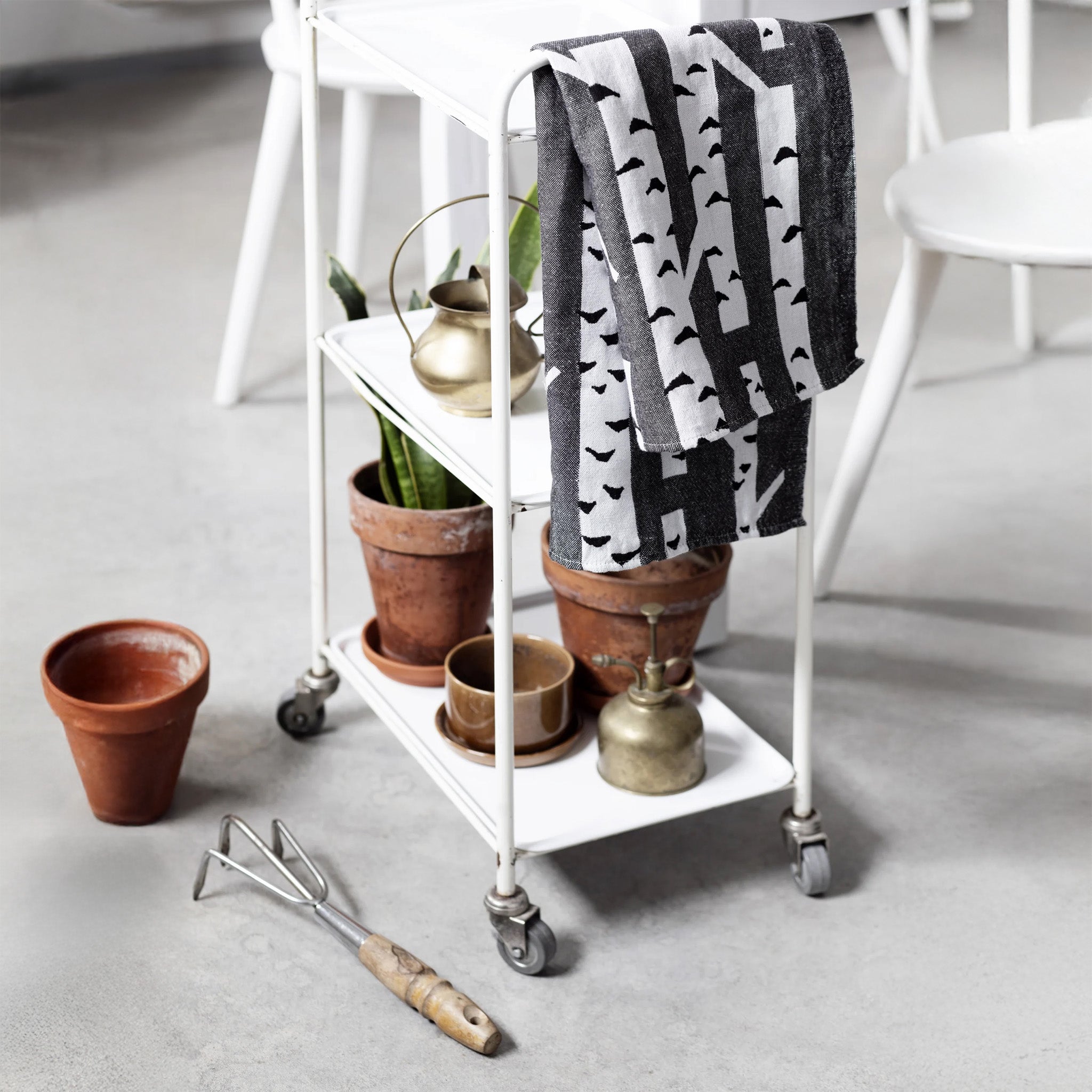 Lapuan Kankurit Koivu Linen Towel featuring a Finnish birch tree pattern in a cotton-linen blend, absorbent, durable, and made in Finland.