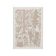 Lapuan Kankurit Metsikkö linen kitchen towel featuring a woodland illustration with a fox, owl, squirrel, mushrooms, and trees in natural linen and white.