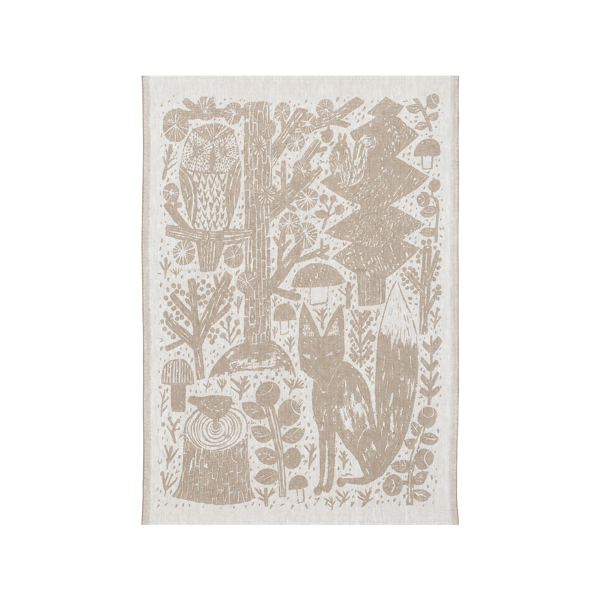 Lapuan Kankurit Metsikkö linen kitchen towel featuring a woodland illustration with a fox, owl, squirrel, mushrooms, and trees in natural linen and white.