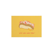 Little Something Co. Lobster Roll Postcard featuring an illustrated Maine lobster roll with lemon wedge and “Wish You Were Here!” on a yellow background.