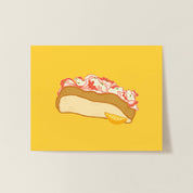 Lobster Roll Print by Little Something Co. featuring an illustrated Maine lobster roll with lemon wedge on a bright yellow background.