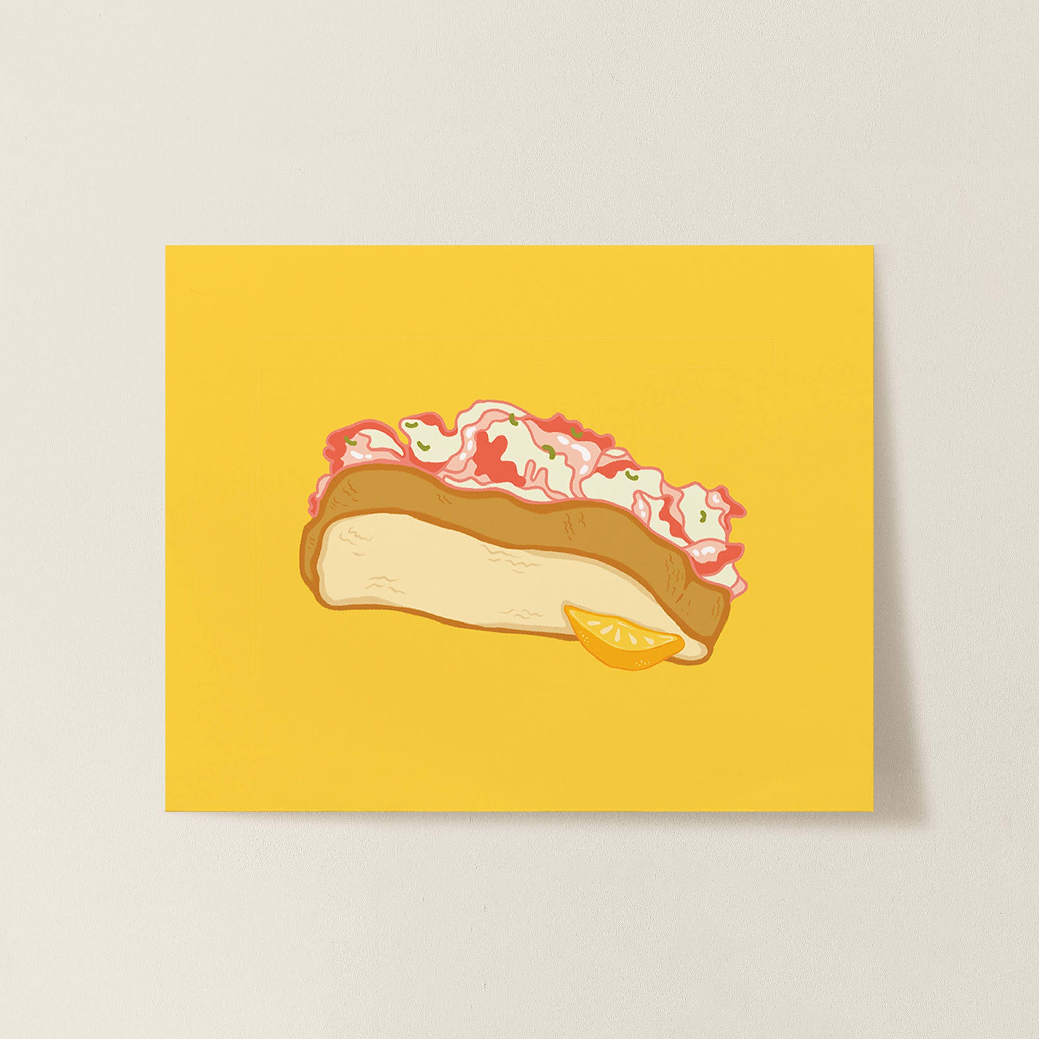 Lobster Roll Print by Little Something Co. featuring an illustrated Maine lobster roll with lemon wedge on a bright yellow background.