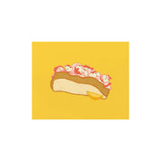Lobster Roll Print by Little Something Co. featuring an illustrated Maine lobster roll with lemon wedge on a bright yellow background.