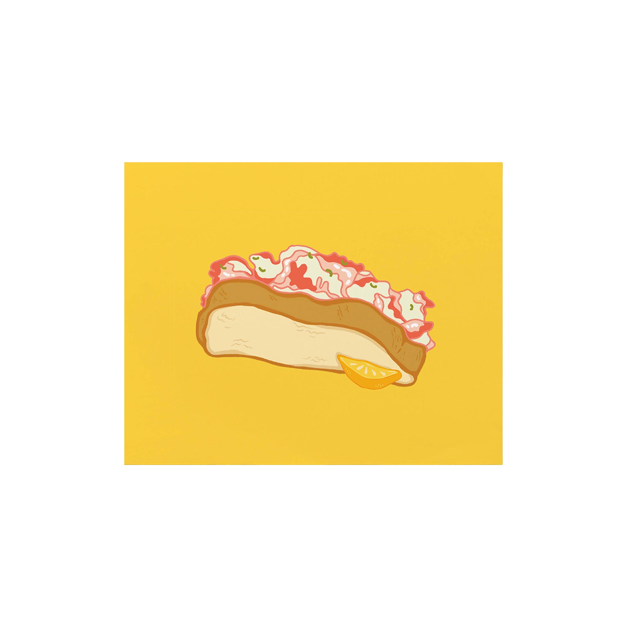 Lobster Roll Print by Little Something Co. featuring an illustrated Maine lobster roll with lemon wedge on a bright yellow background.