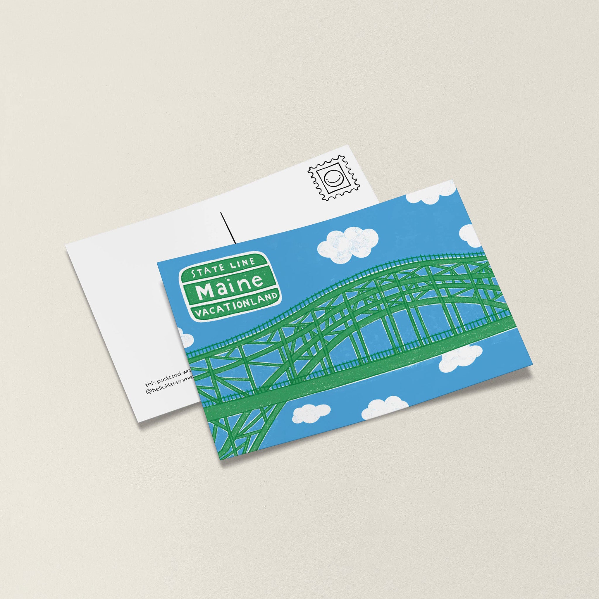 Little Something Co. Maine Vacationland Postcard featuring an illustrated Piscataqua River Bridge welcome into Maine.