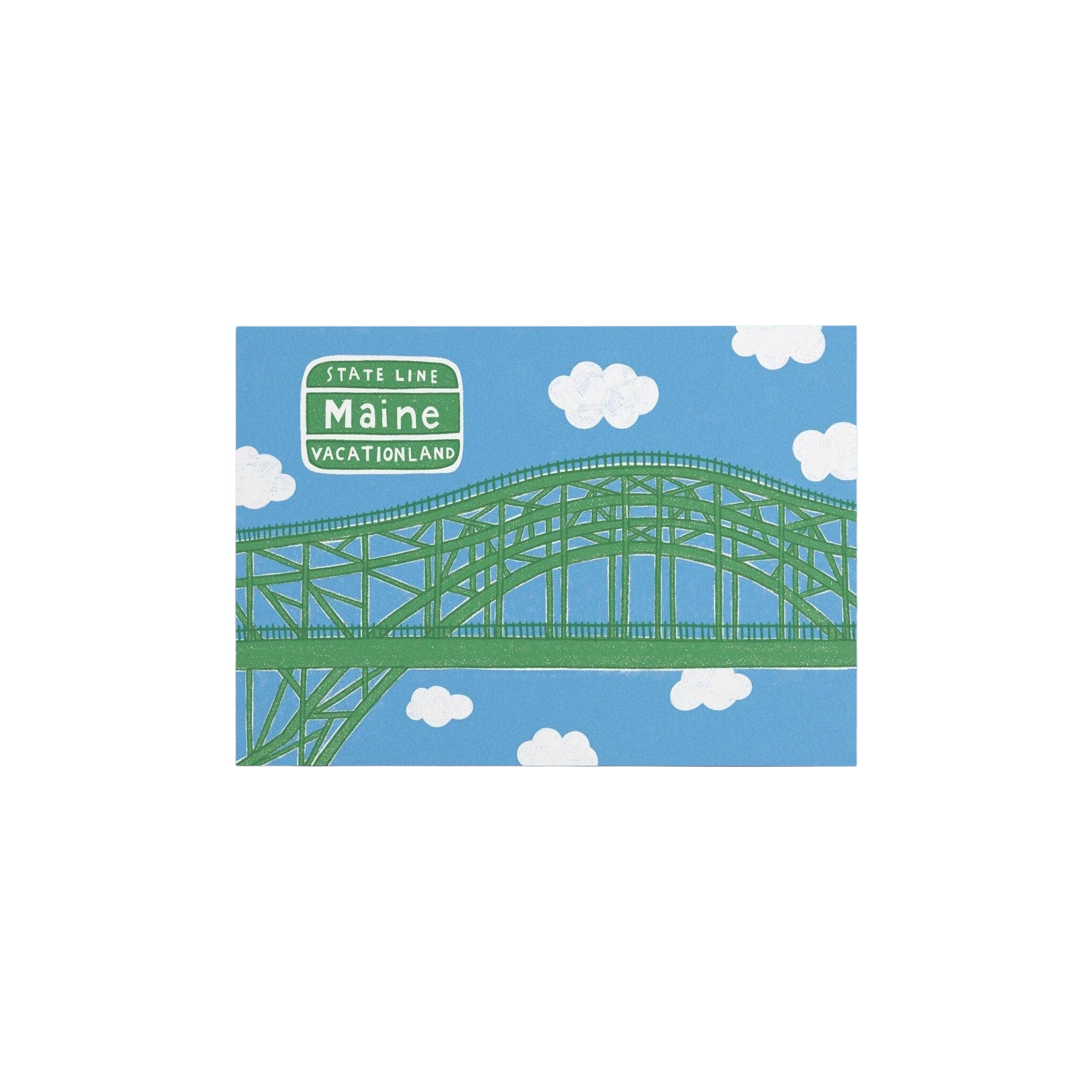 Little Something Co. Maine Vacationland Postcard featuring an illustrated Piscataqua River Bridge welcome into Maine.