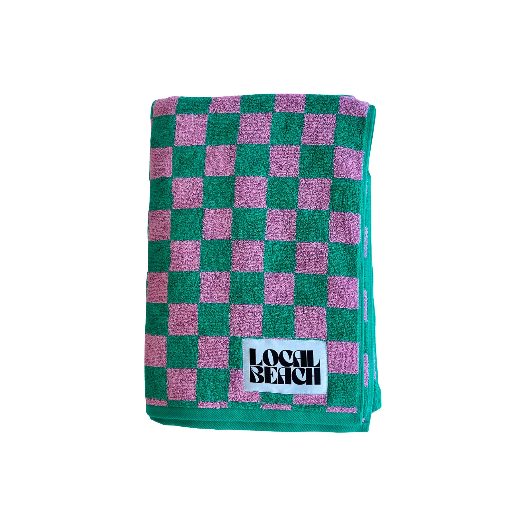 Local Beach Checker Beach Towels in Kelly/bubblegum checkerboard pattern. Made from heavyweight 100% cotton jacquard terry for soft, absorbent comfort at the beach, lake, pool, or bath.