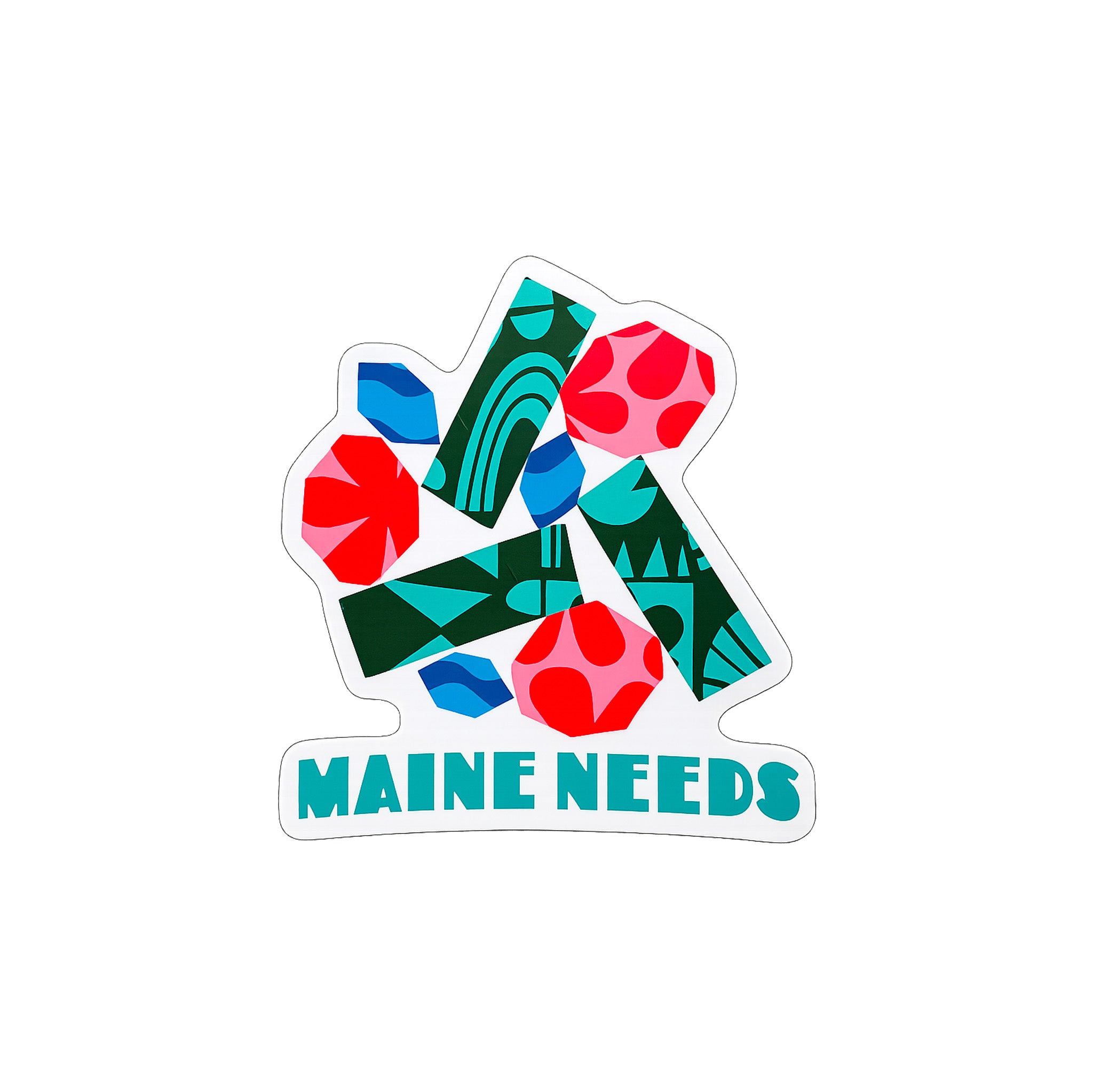 Colorful abstract vinyl sticker designed by Rachel Gloria Adams for Maine Needs featuring geometric shapes, playful patterns, and bold colors on a cream background.
