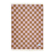 Maison Deux Checkerboard Blanket in terra brown and pink lambswool with bold reversible checkerboard design.