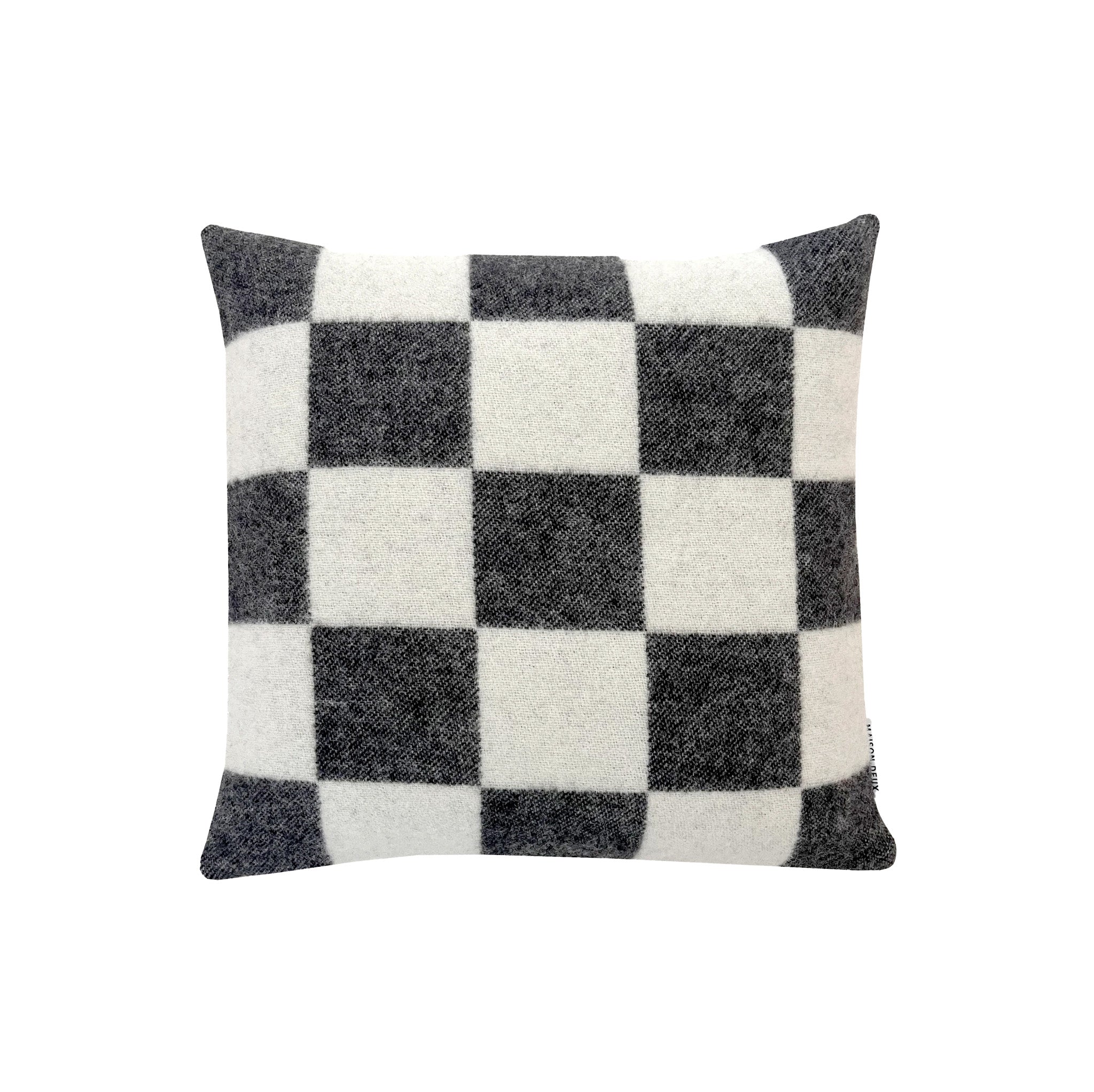 Maison Deux Checkerboard Cushion Cover in black and white 100% wool, jacquard-woven with bold graphic checkerboard pattern.