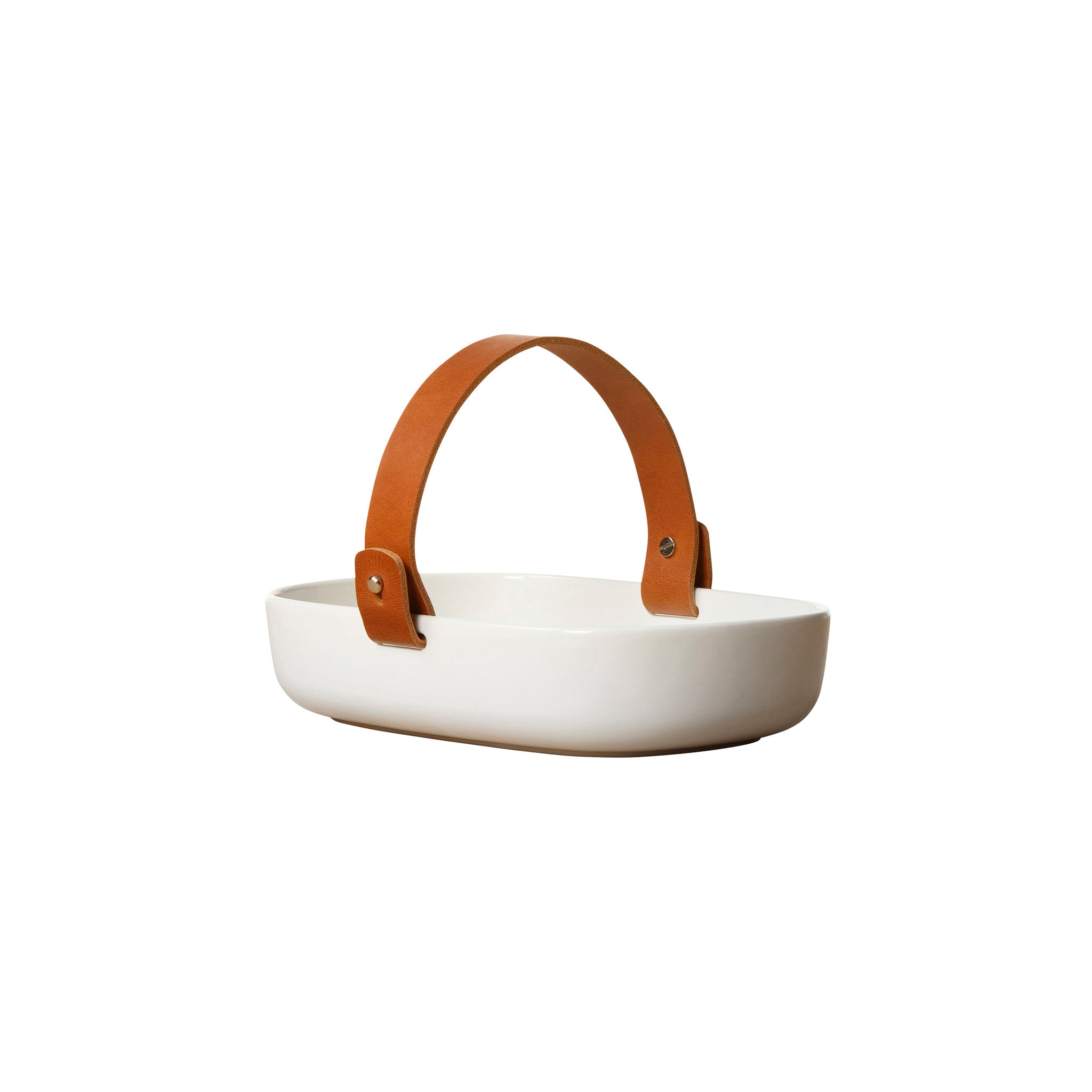 Koppa Serving Dish by Marimekko in white stoneware with a removable natural leather handle.