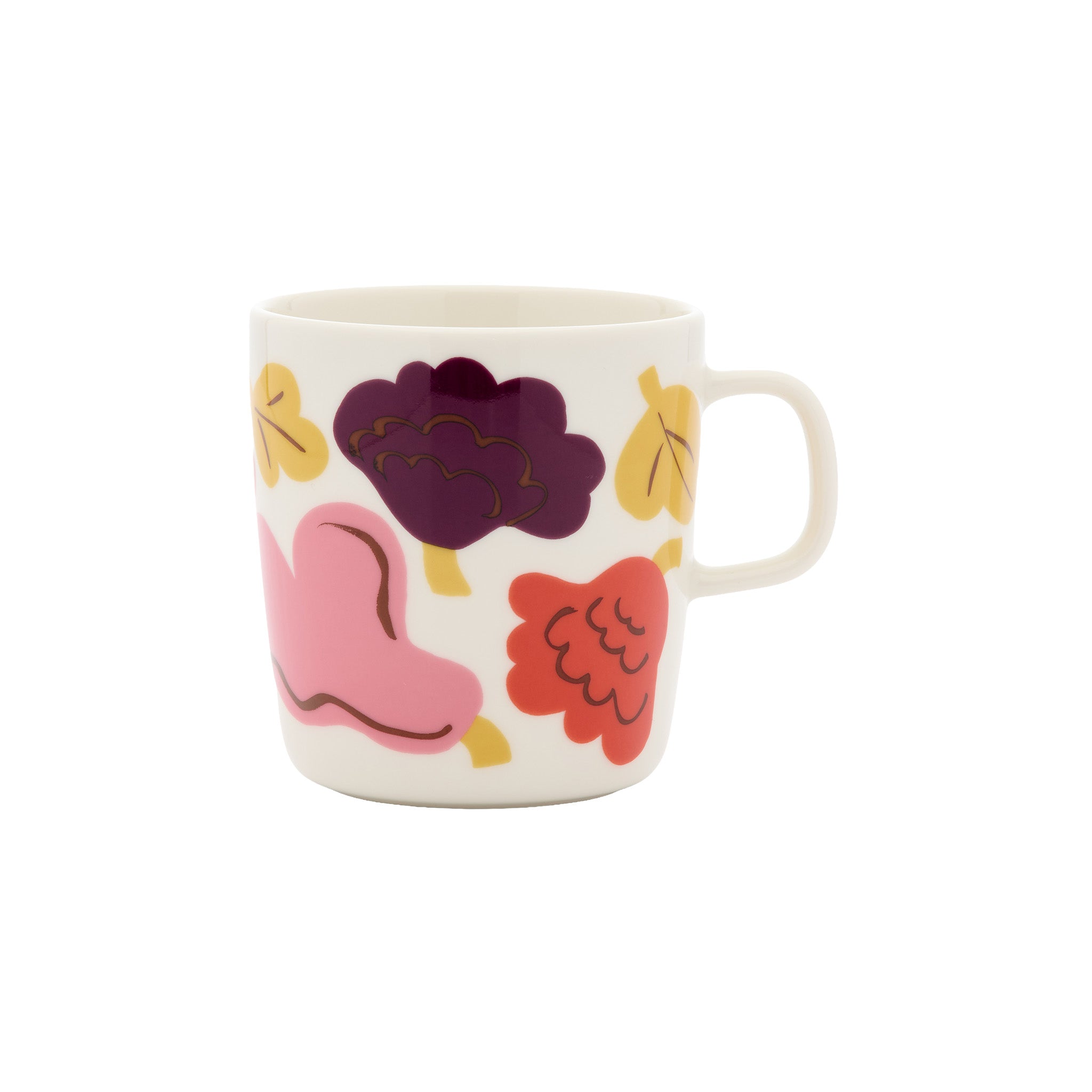 Marimekko Kukasta Kukkaan Mug 5 dl featuring Erja Hirvi’s bold pink, plum, terracotta, and off-white floral pattern.
