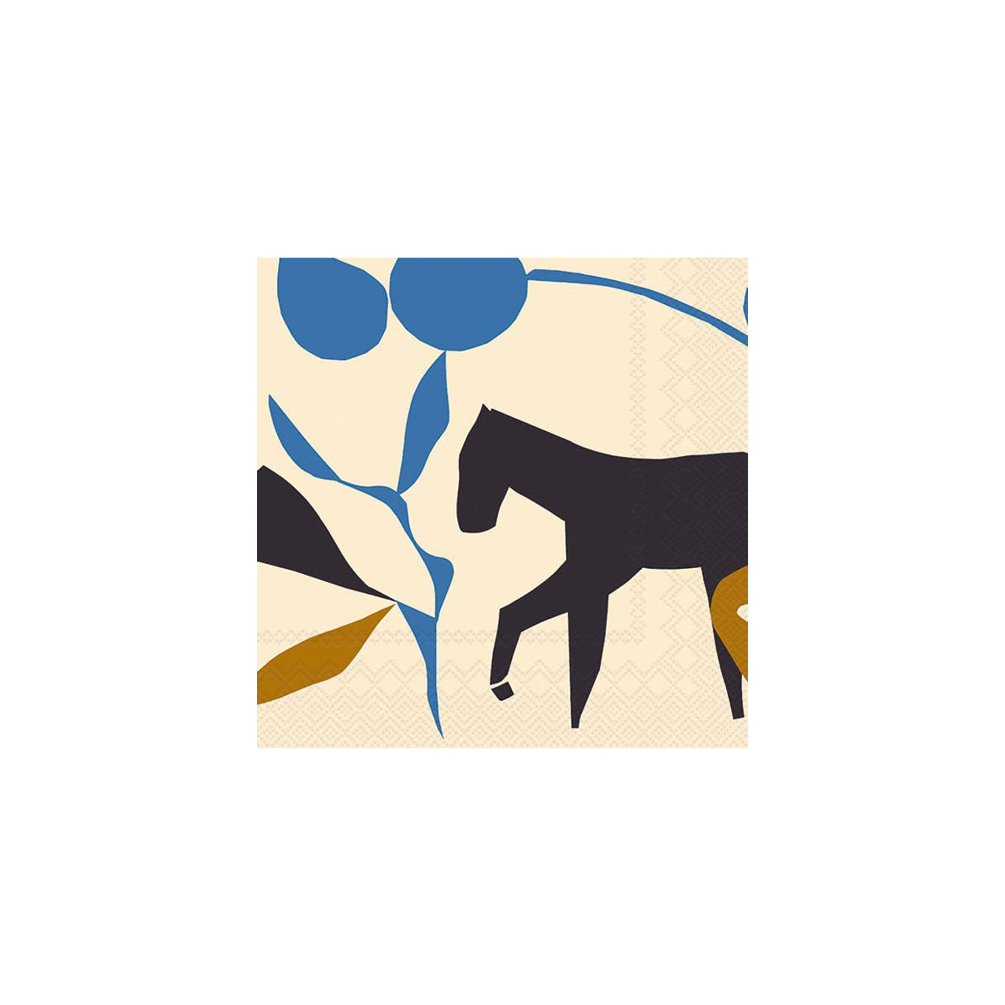 Marimekko Laidun cream lunch napkins with blue botanical shapes and black horse illustration, pack of 20 paper napkins.