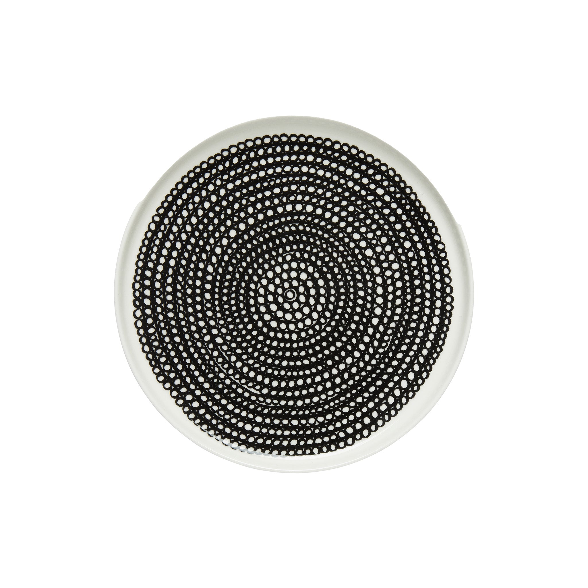 Marimekko Oiva / Siirtolapuutarha Salad Plate in black and white dotted spiral pattern designed by Maija Louekari.