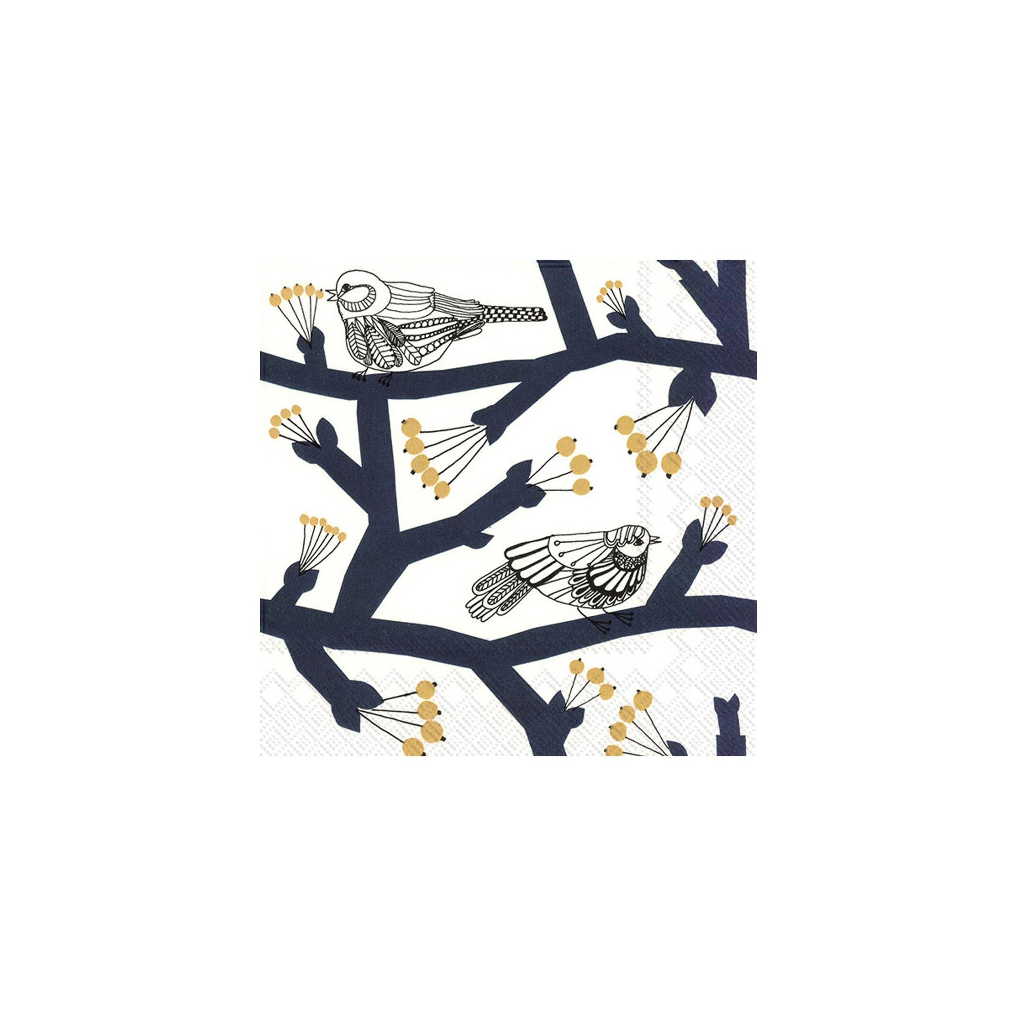 Marimekko Pakkanen Paper Lunch Napkin Set of 20 in dark blue with winter bird and rowan berry pattern by Maija Louekari. FSC-certified cellulose, biodegradable 3-ply napkins.