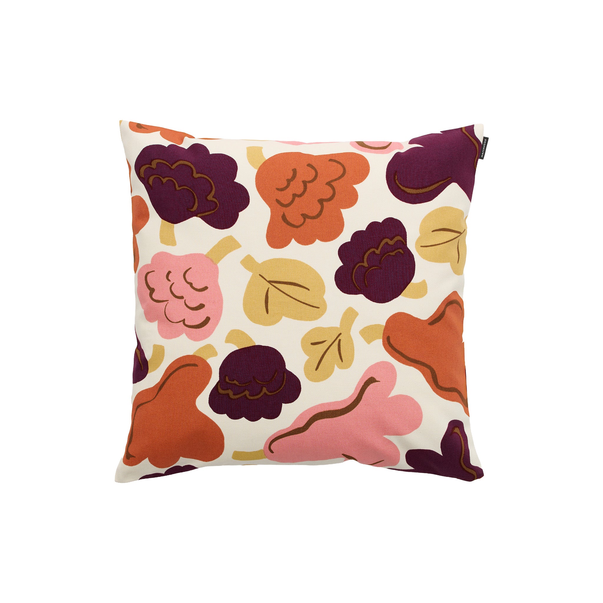 Marimekko Kukasta Kukkaan Cushion Cover with oversized floral pattern in pink, plum, terracotta, yellow, and off-white.