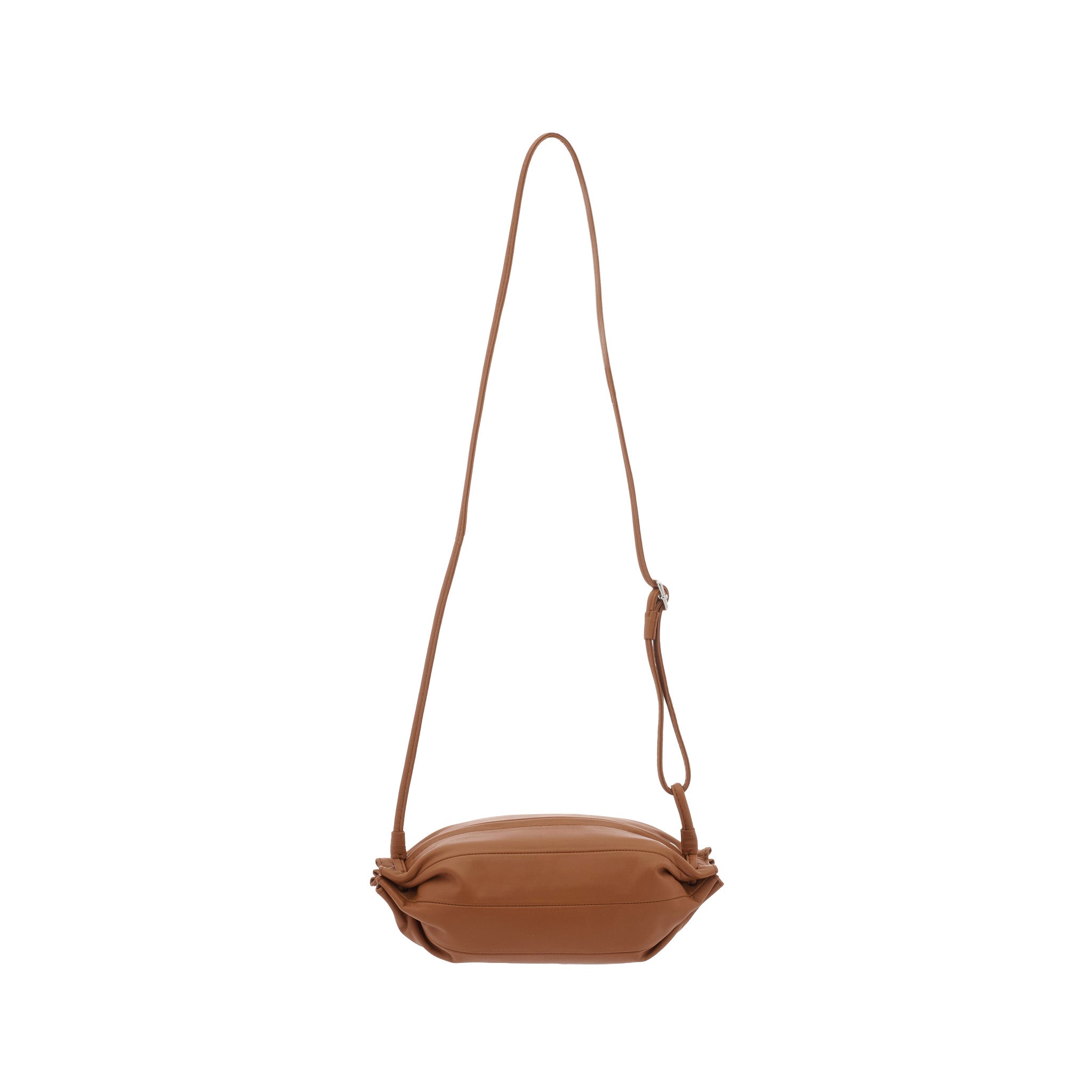 Marimekko Pikku Karla Shoulder Bag in smooth leather with a sculptural candy wrapper-inspired shape, adjustable shoulder strap, and zip closure.