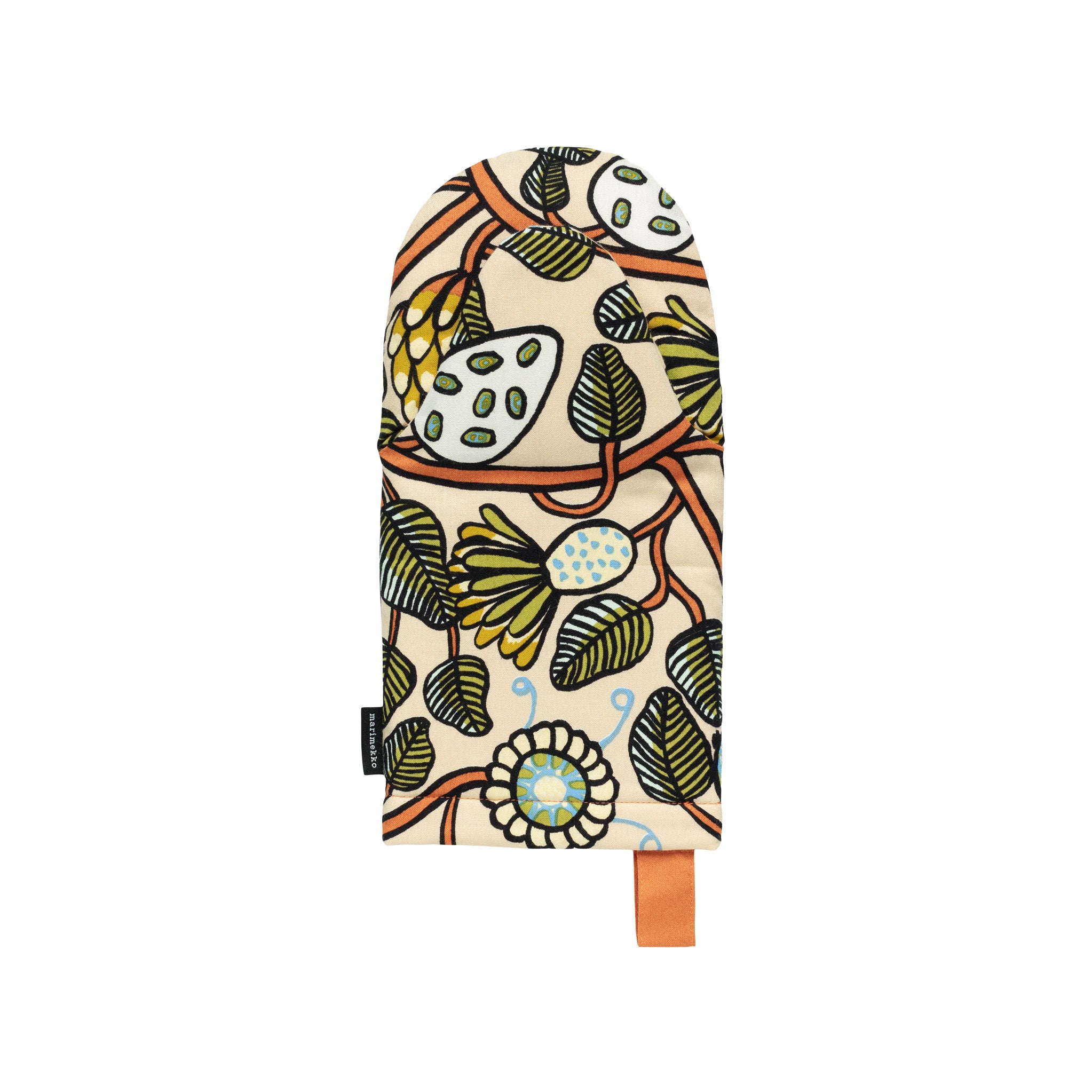 Marimekko Tiara oven mitt featuring white cotton fabric with orange and green floral pattern and hanging loop.