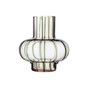 Umpu Vase by Marimekko in mouth-blown glass with sculptural curved shape and subtle filigree pattern, 8 inch (20.3 cm) tall decorative vase for modern Scandinavian interiors.