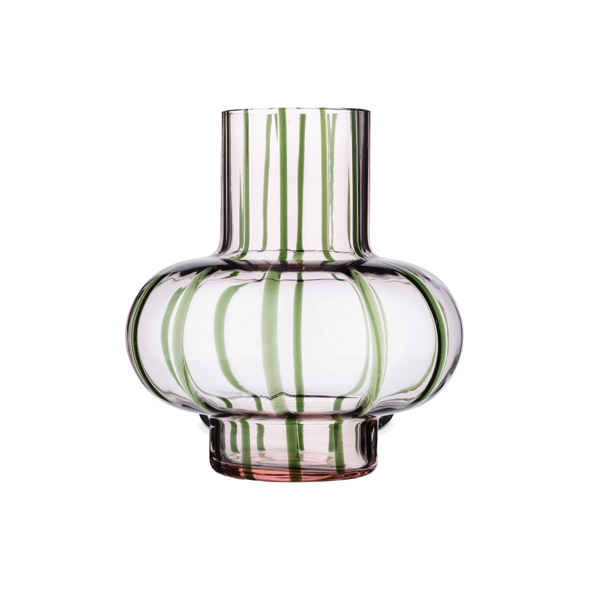 Umpu Vase by Marimekko in mouth-blown glass with sculptural curved shape and subtle filigree pattern, 8 inch (20.3 cm) tall decorative vase for modern Scandinavian interiors.