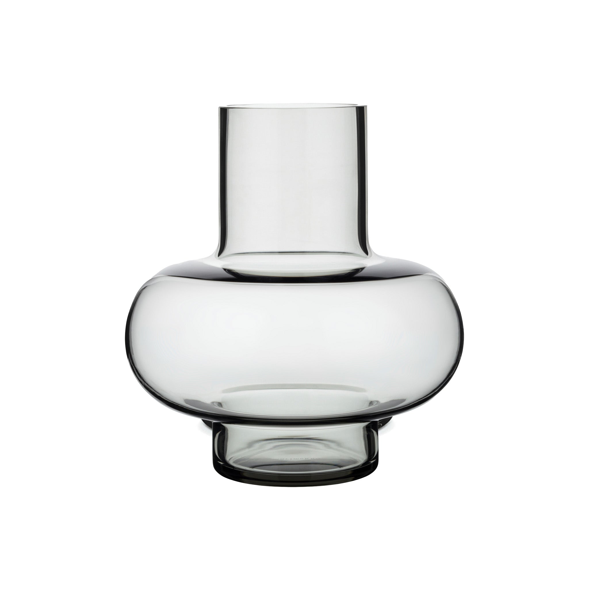 Umpu Vase by Marimekko in grey mouth-blown glass with sculptural curved shape, 8 inch (20.3 cm) tall decorative vase for modern Scandinavian interiors.