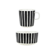 Marimekko Piccolo large mug and medium bowl in black and white, featuring the iconic hand-painted striped pattern