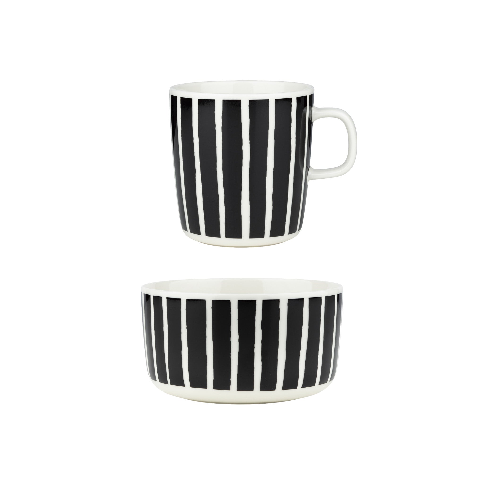 Marimekko Piccolo large mug and medium bowl in black and white, featuring the iconic hand-painted striped pattern