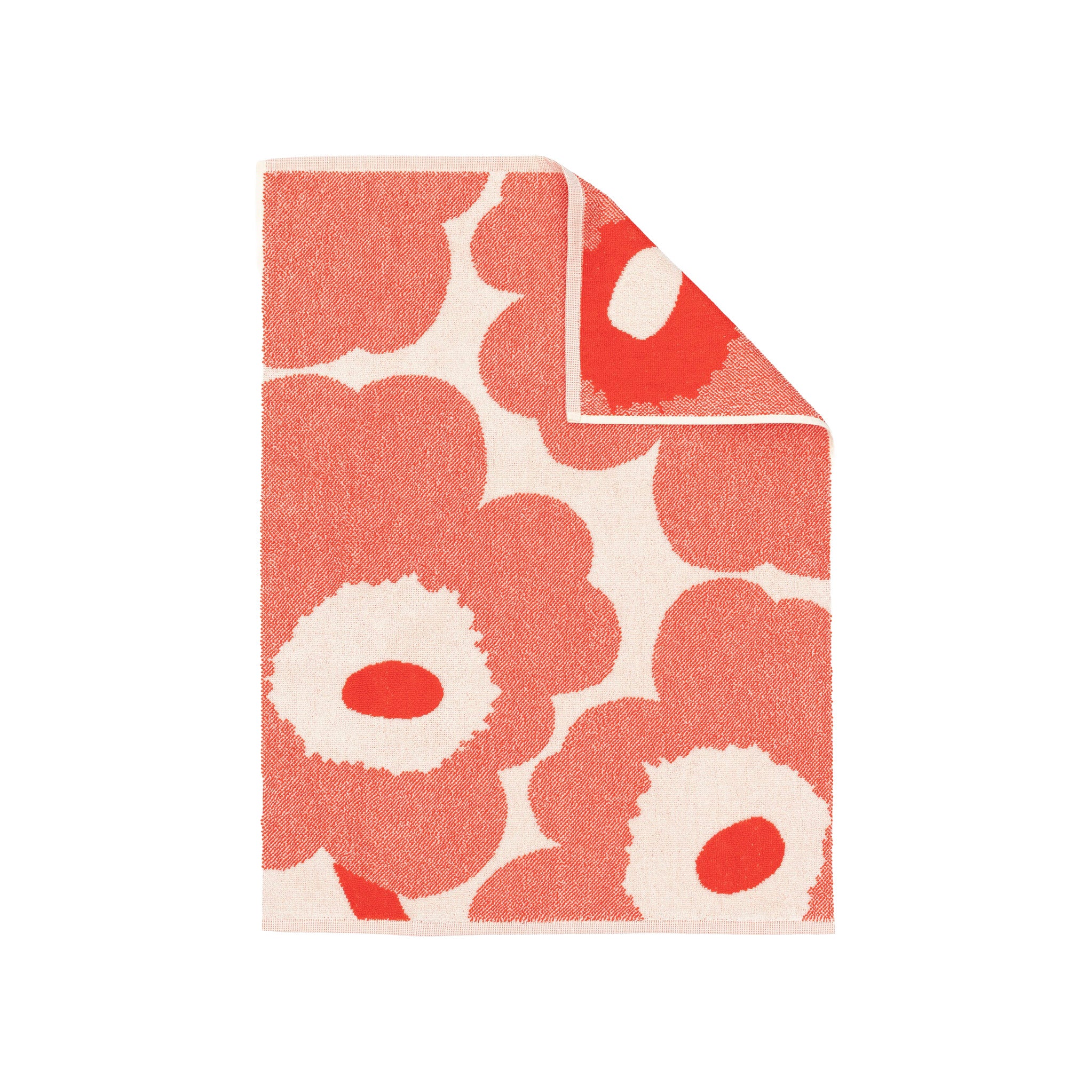 Unikko Hand Towel by Marimekko in bold floral pattern, 100% organic cotton terry towel in rectangular 50 × 70 cm size, soft and absorbent for bathroom or kitchen use.