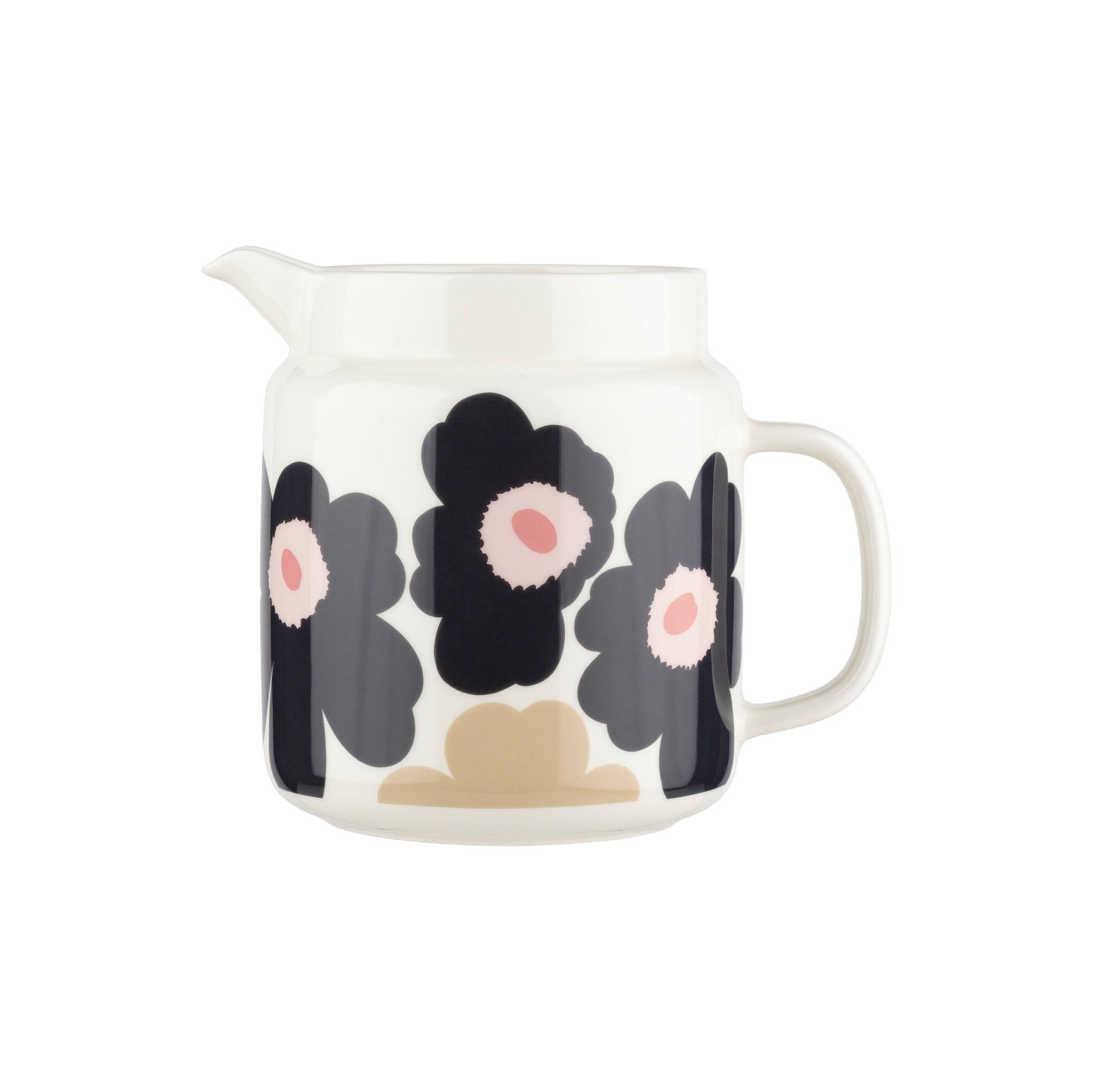 Oiva Unikko pitcher by Marimekko in charcoal, sand, and pink floral pattern, white stoneware pitcher for serving water, juice, or milk in modern Scandinavian style