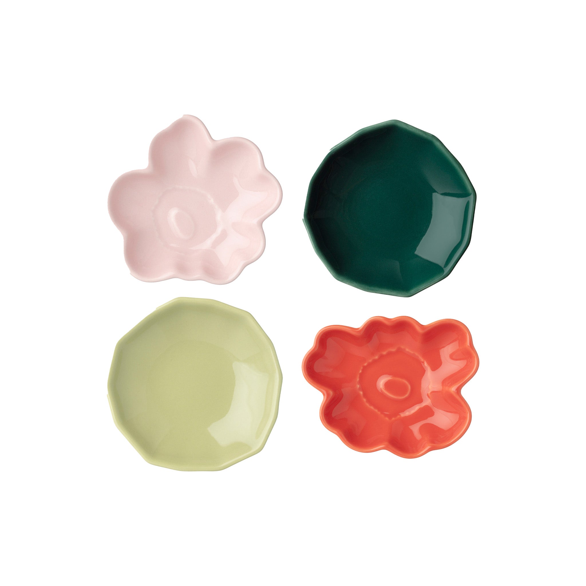 Marimekko Unikko and Kivet mini plate set with colorful flower and stone shaped ceramic plates in box.