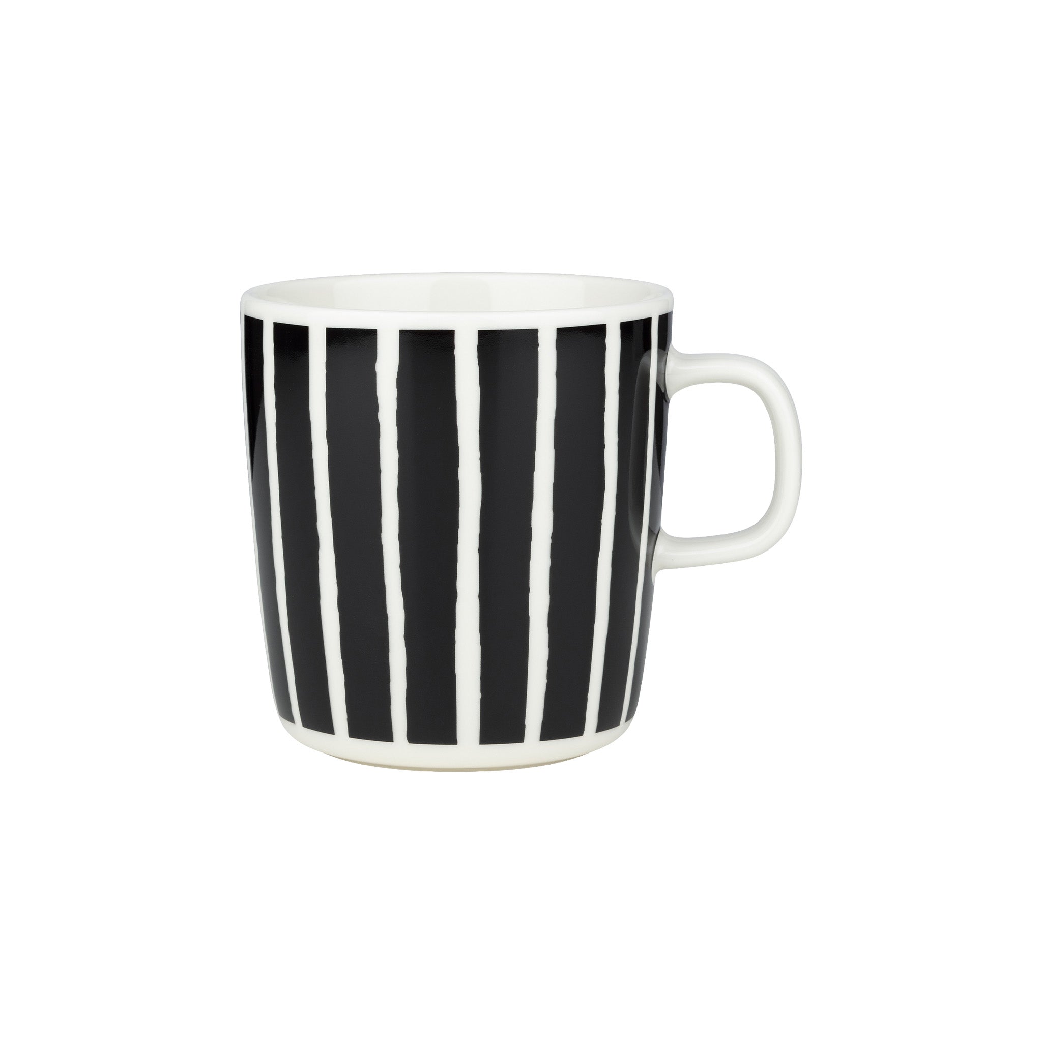 Marimekko Piccolo large mug in black and white, featuring the iconic hand-painted striped pattern