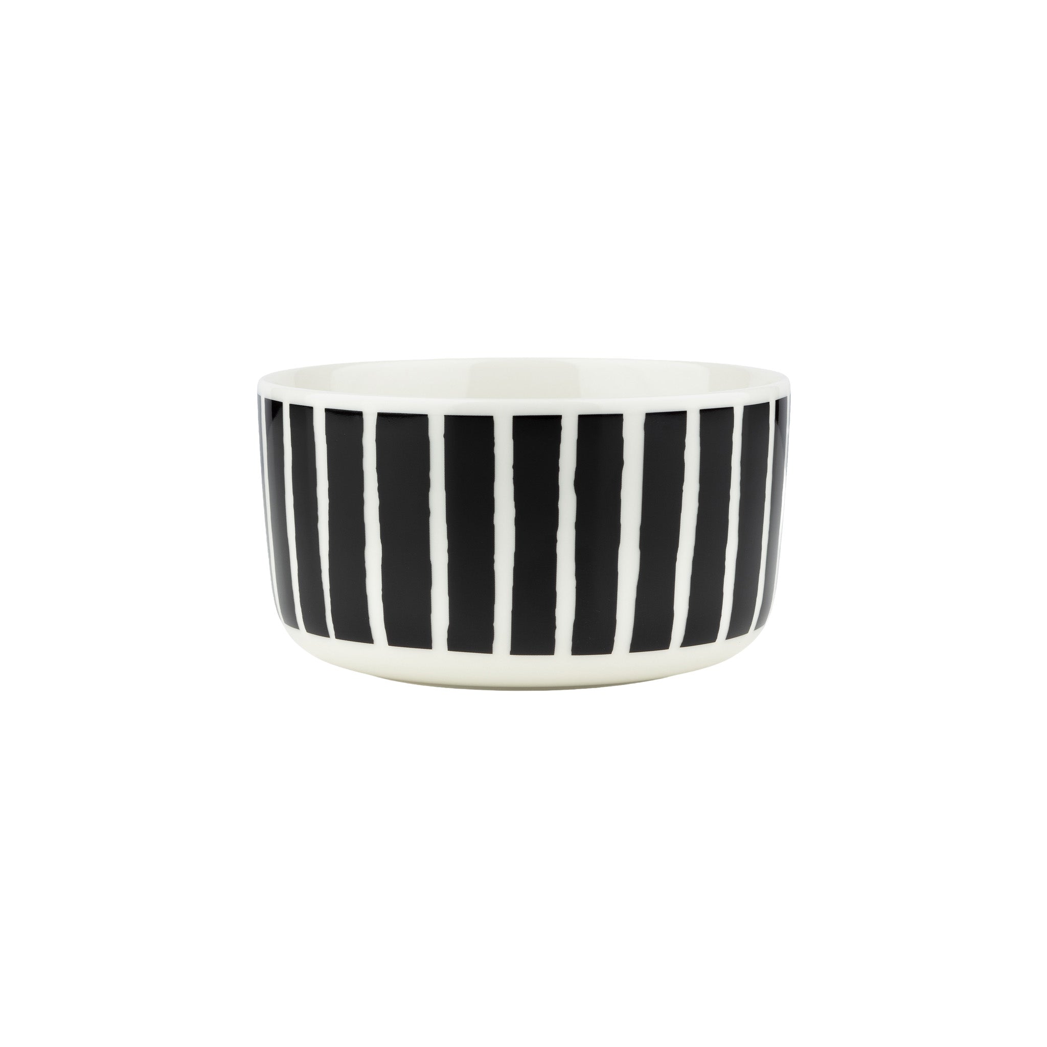 Marimekko Piccolo medium bowl in black and white, featuring the iconic hand-painted striped pattern