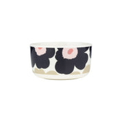 Oiva Unikko medium bowl by Marimekko in charcoal, sand, and pink floral pattern, 5 dl white stoneware bowl for cereal, soup, or snacks