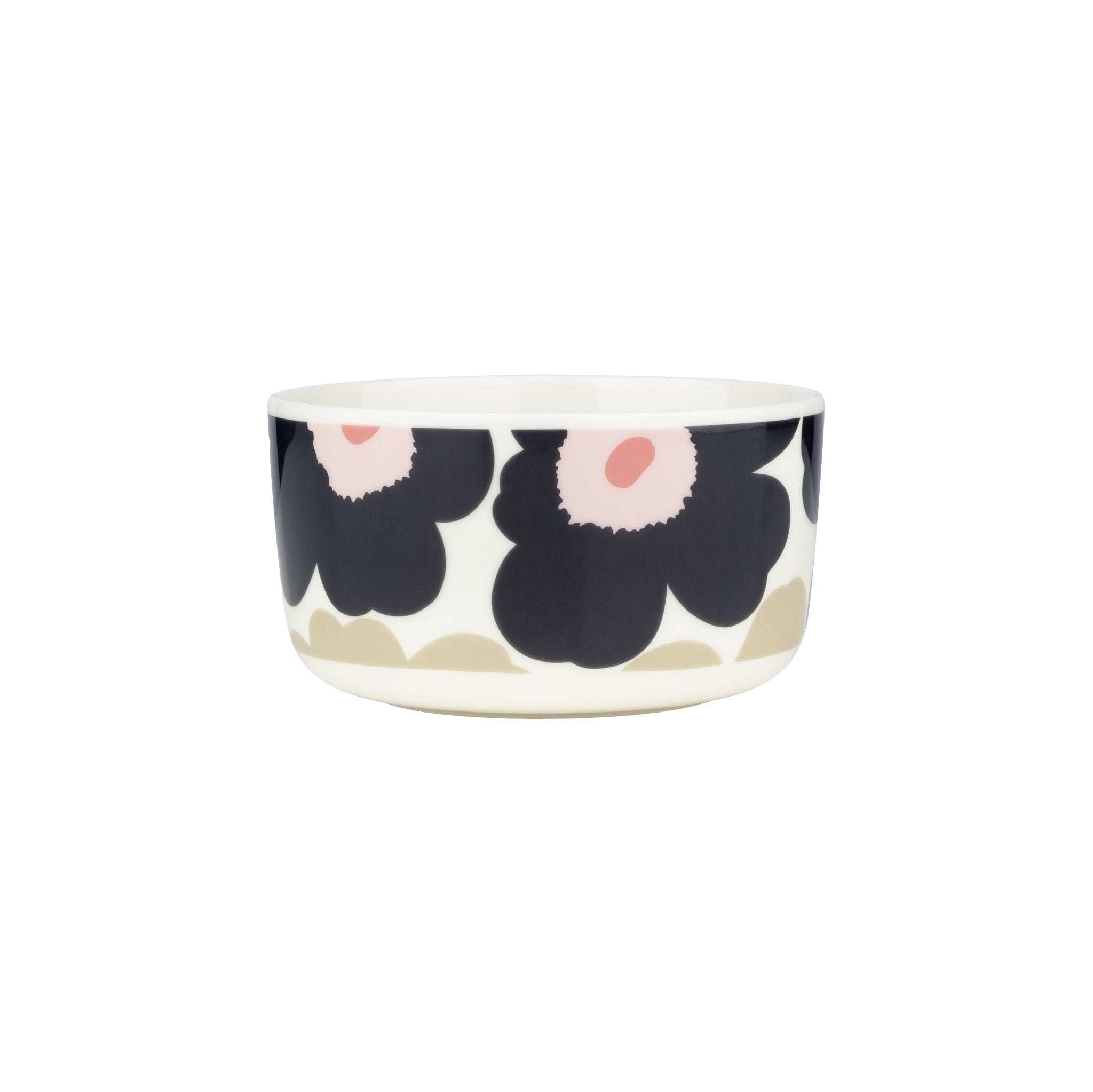 Oiva Unikko medium bowl by Marimekko in charcoal, sand, and pink floral pattern, 5 dl white stoneware bowl for cereal, soup, or snacks