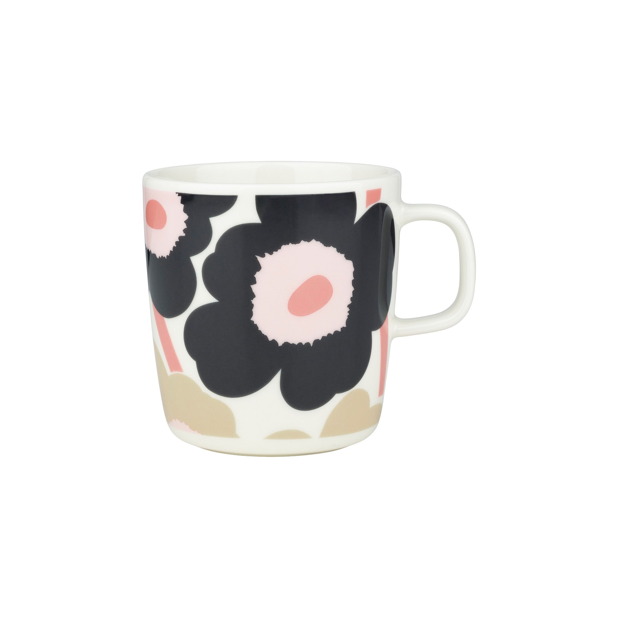 Oiva Unikko large mug by Marimekko in charcoal, sand, and pink floral pattern, 4 dl white stoneware mug with rounded handle for coffee or tea