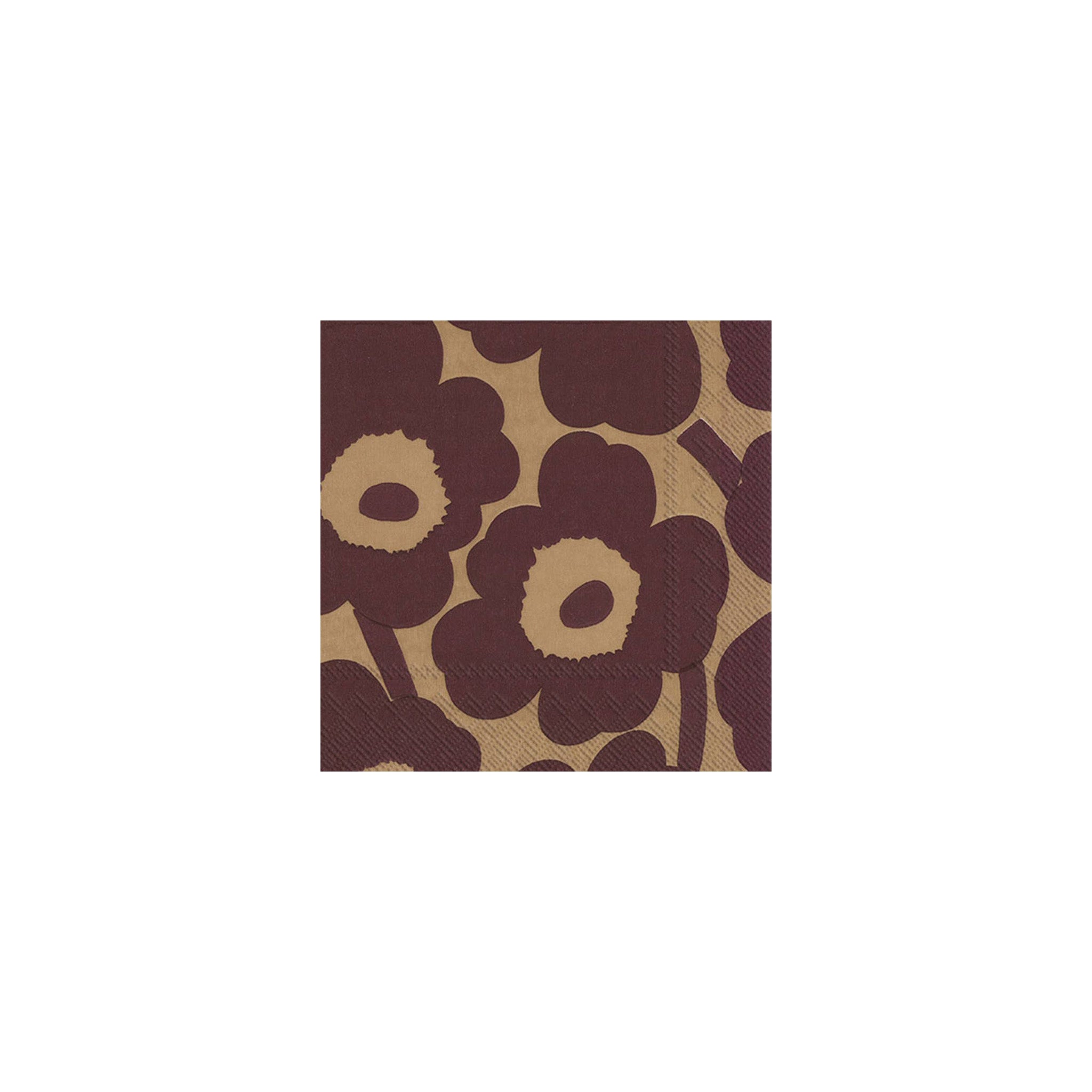 Unikko paper cocktail napkin in Bordeaux with oversized deep wine red flowers on a warm tan background.