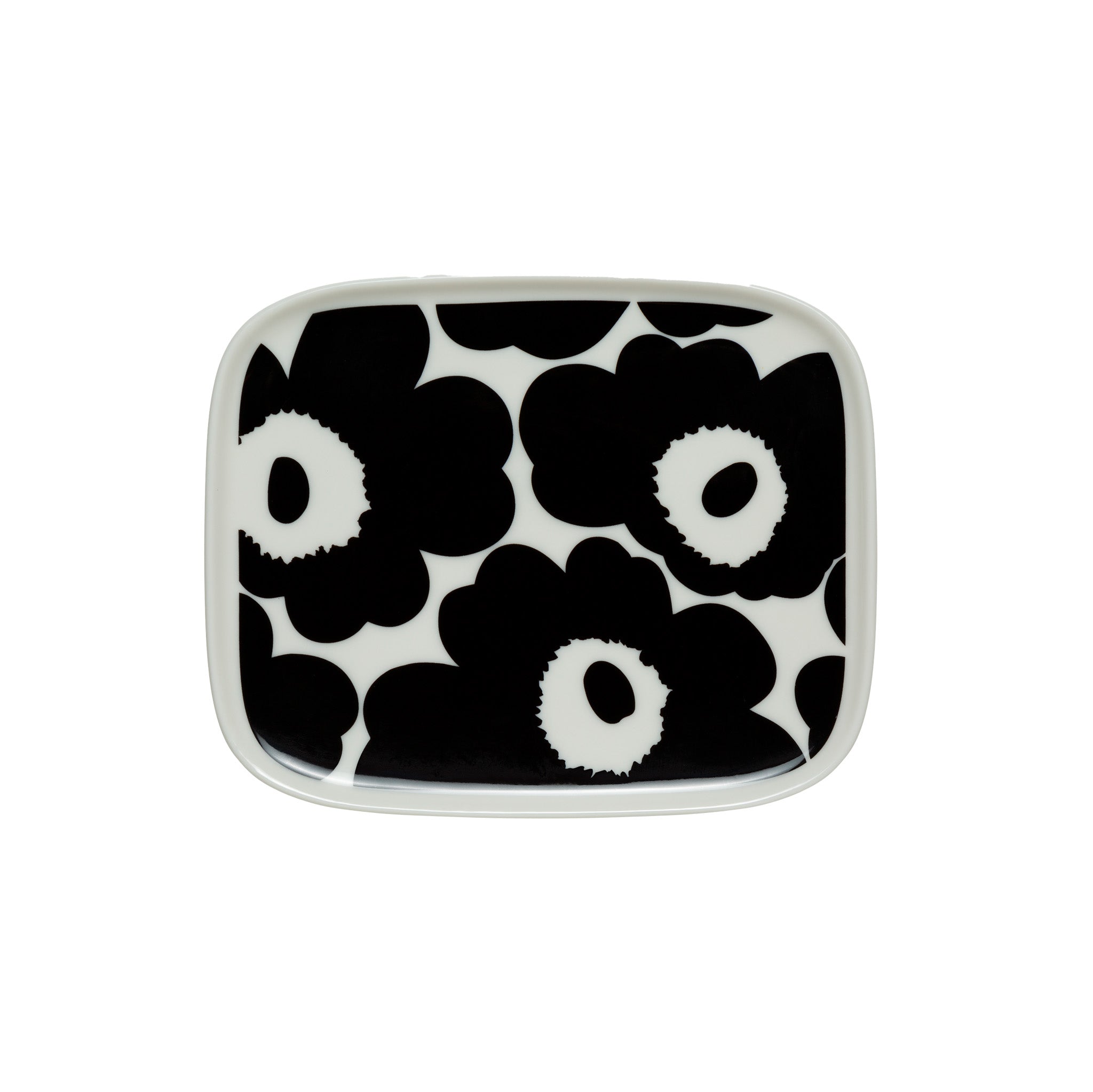 Marimekko Oiva / Unikko rectangular plate in black and white poppy pattern designed by Maija Isola.