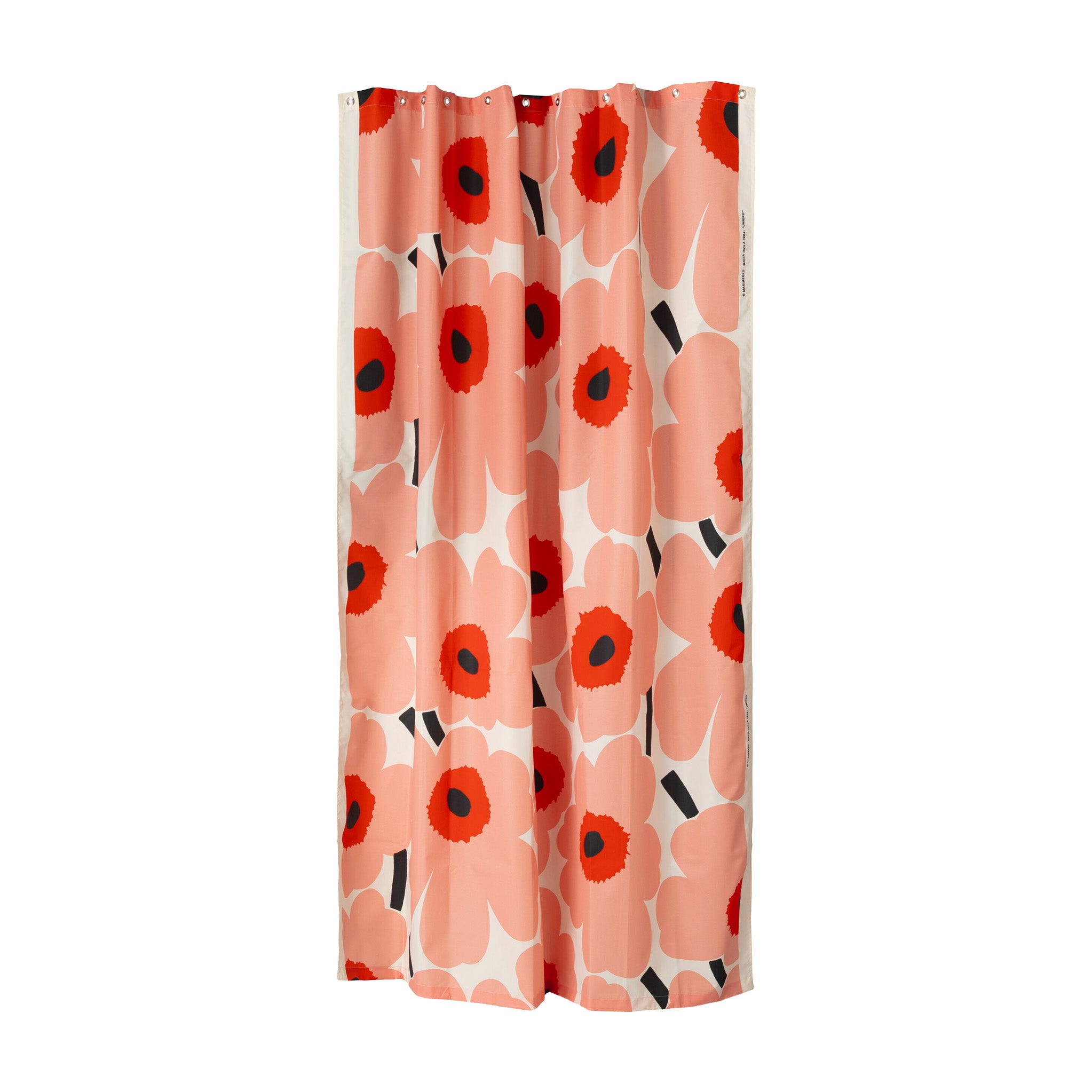 Unikko shower curtain by Marimekko with large pink and red floral pattern, 100% recycled polyester curtain with weighted bottom and metal ring holes for hanging in modern bathroom.